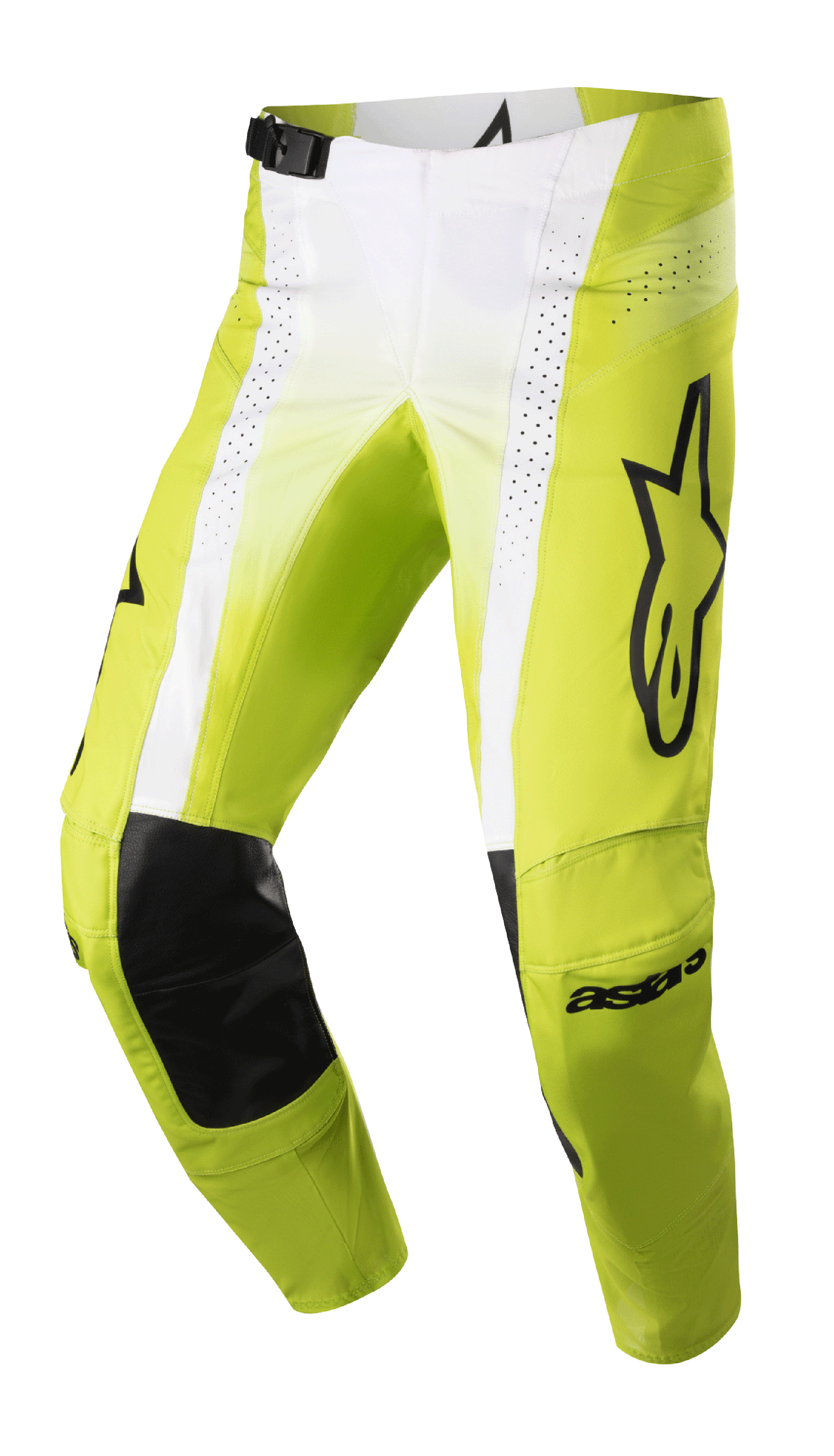 Alpinestars 2023 Techstar Push Pants, Motocross Racing Pants, Yellow Fluo and White with Black accents, featuring black leather inner knee reinforcements, perforated ventilation panels, large black logo on the thigh, and adjustable waist buckle, high-performance off-road gear