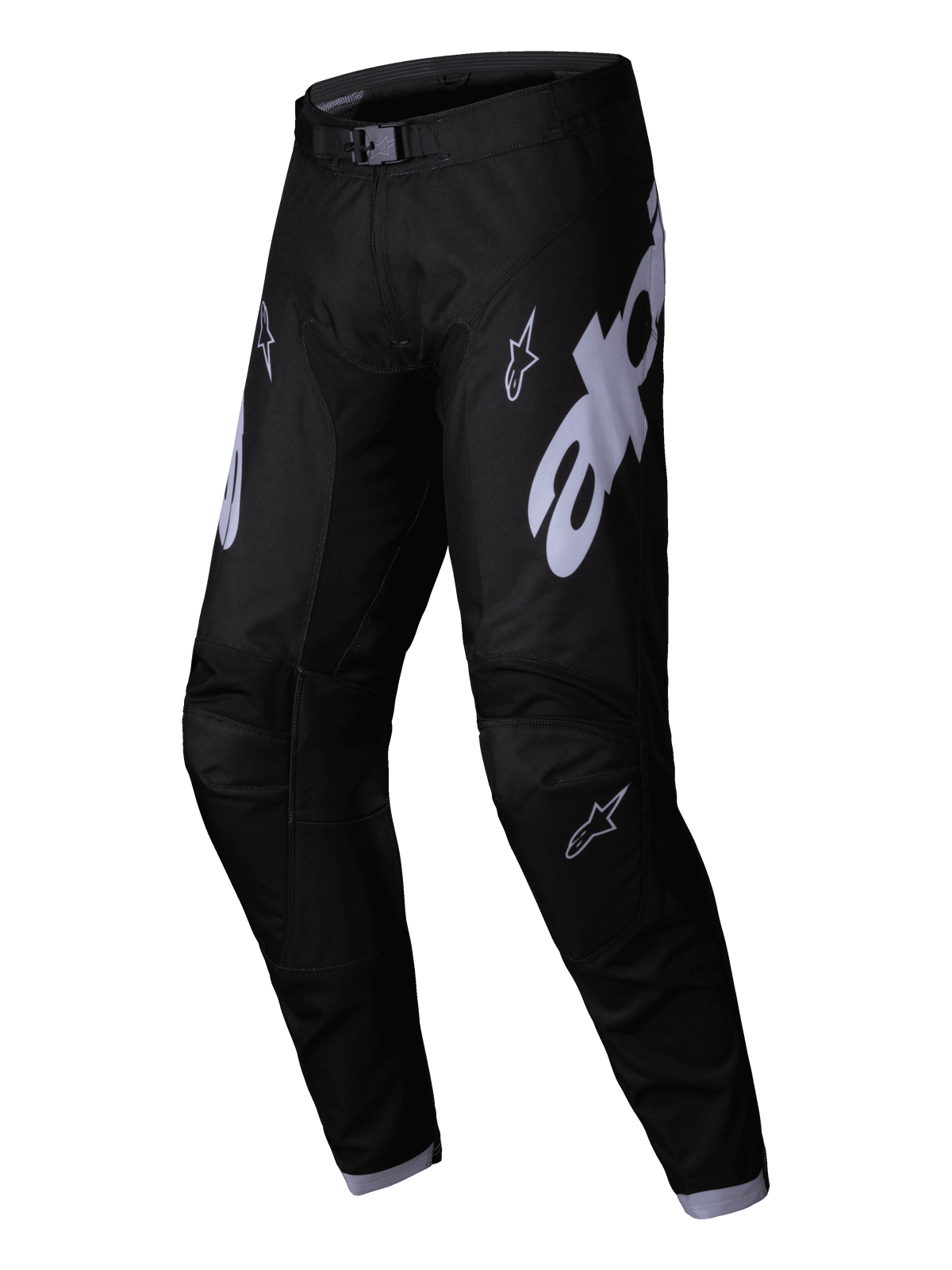 Alpinestars Pantalon Racer Graphite 2025, pantalon de motocross, noir et gris, avec de grands logos Alpinestars gris sur les cuisses, une conception de jambes pré-cintrées et une boucle de taille magnétique pour la performance en course tout-terrain