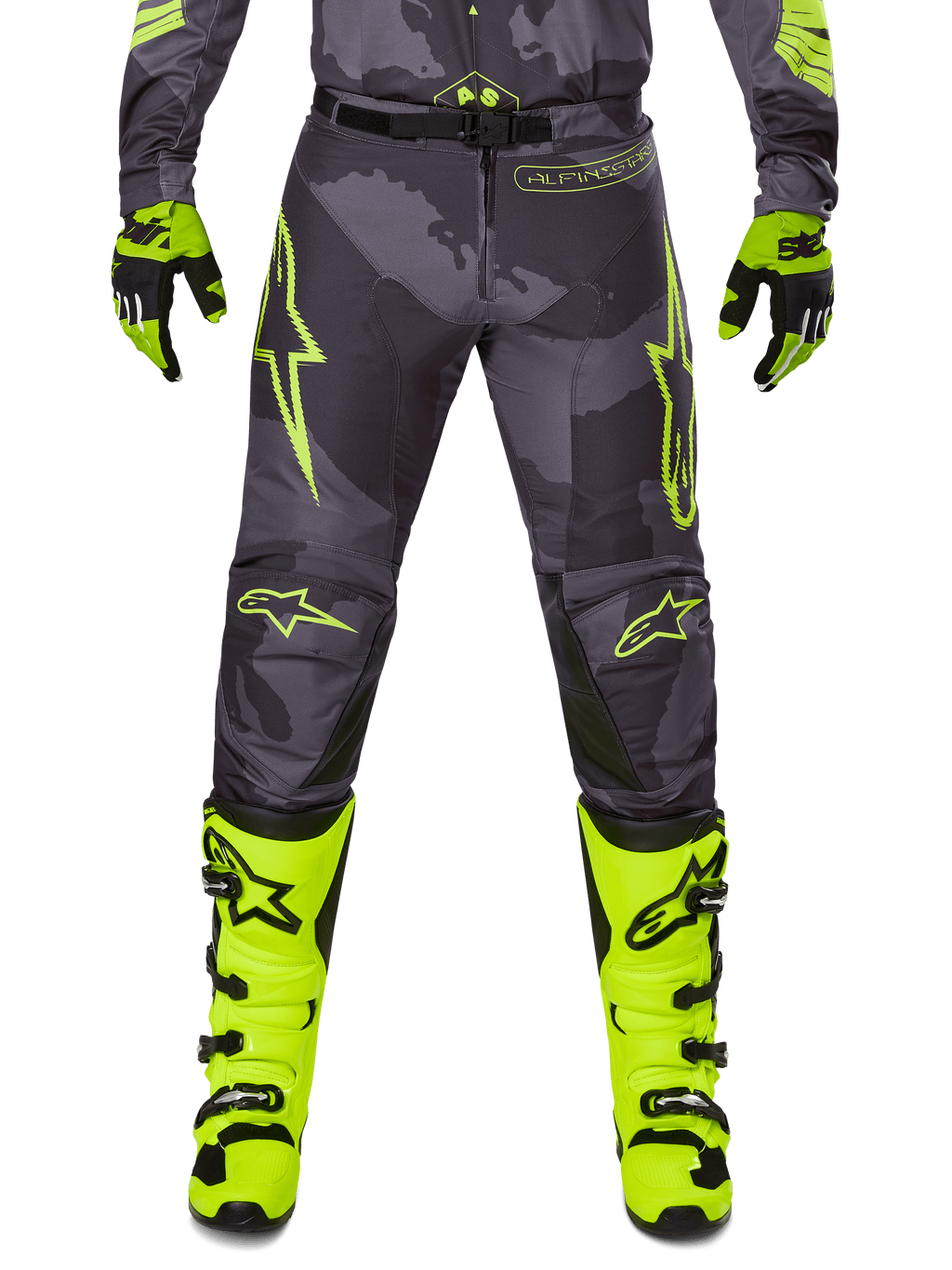 Alpinestars Racer Hollow Pants 2025, pantalon de motocross gris foncé avec accents jaune fluo, logos étoile jaunes, design camouflage, équipement de protection pour moto tout-terrain