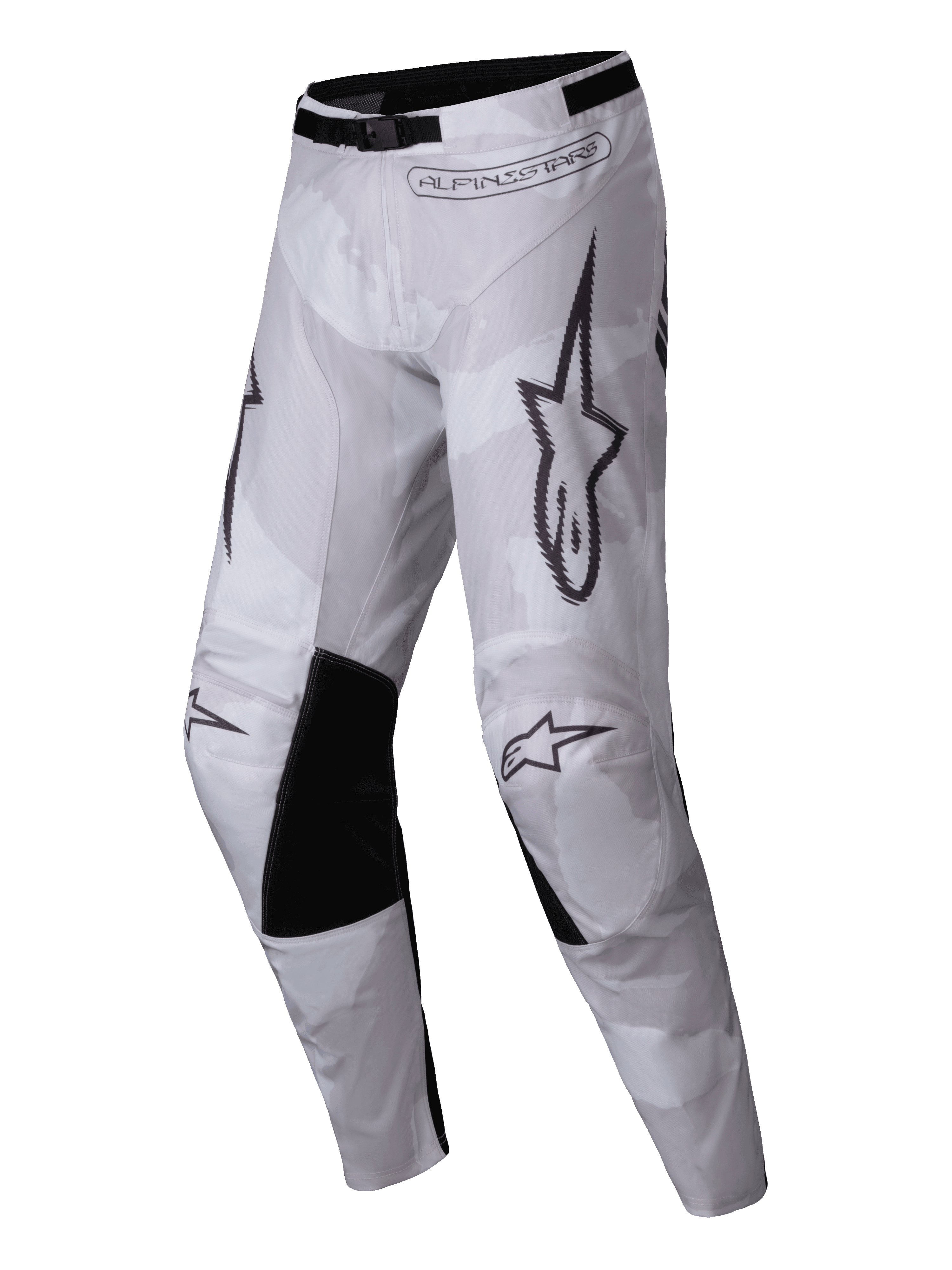 Alpinestars 2025 Racer Hollow Pants, pantalon de motocross, Light Camo Brown, avec un motif camouflage clair, des empiècements noirs à l'intérieur des genoux, un logo Alpinestars imposant et une boucle de réglage à la taille pour la course tout-terrain