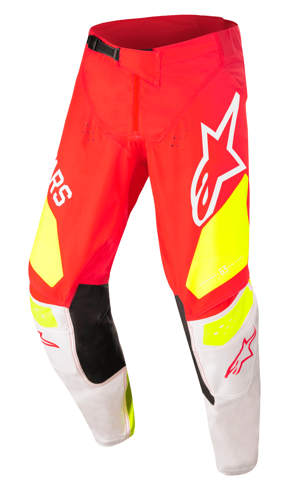 Alpinestars Techstar Factory Pants, pantalon de motocross, rouge avec accents jaune fluo et blanc, panneaux intérieurs noirs aux genoux, grands logos Alpinestars, perforations pour la ventilation et boucle de taille réglable noire