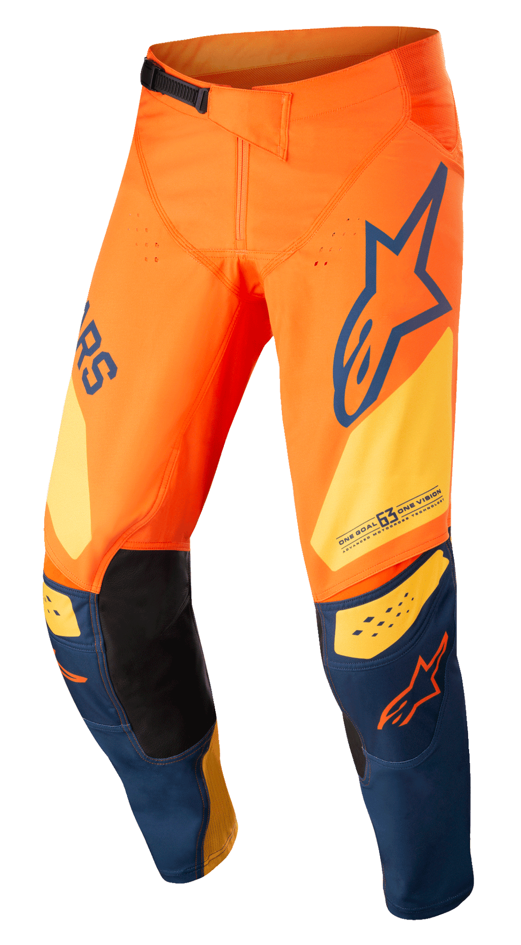 Alpinestars Techstar Factory Pants, Motocross Pants, Orange and Dark Blue with Warm Yellow, featuring bold branding, 3D Babel knee construction with black leather inner patches, and an adjustable waist ratchet system for off-road racing.