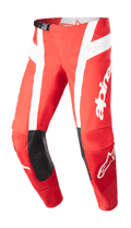 Alpinestars 2023 Techstar Arch Pants, Motocross Racing Pants, Mars Red and White, black leather knee patches, perforated ventilation panels, adjustable waist buckle, performance off-road gear