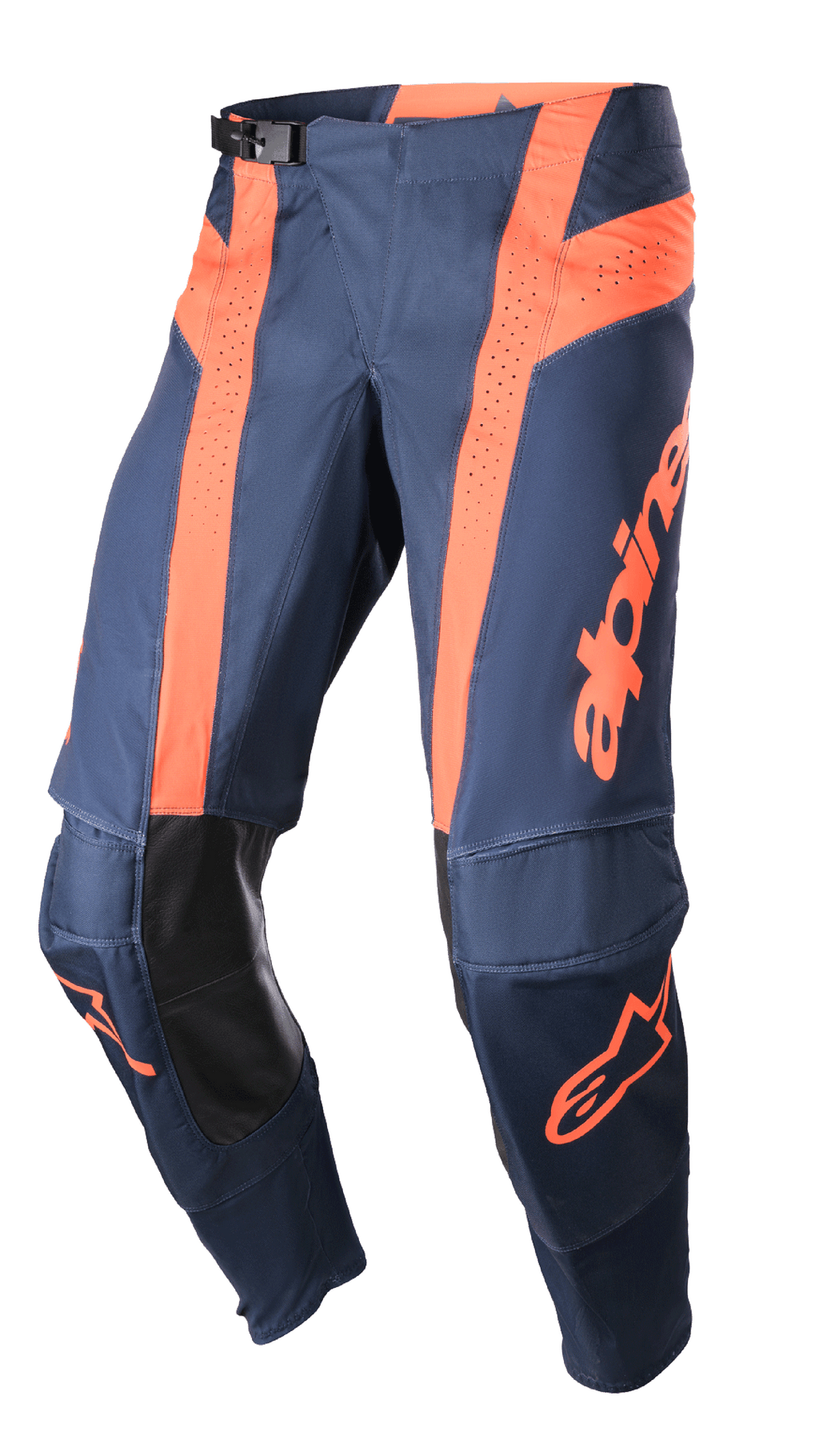 Alpinestars 2023 Techstar Arch Pants, Motocross Pants, Night Navy and Hot Orange, perforated ventilation panels, black leather inner knee protection, adjustable waist buckle, performance-engineered off-road gear