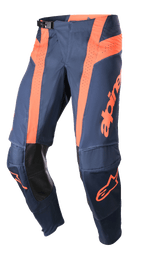 Alpinestars 2023 Techstar Arch Pants, Motocross Pants, Night Navy and Hot Orange, perforated ventilation panels, black leather inner knee protection, adjustable waist buckle, performance-engineered off-road gear