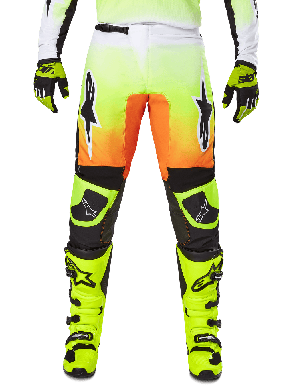 Alpinestars 2025 Fluid Wurx Pants, pantalon de motocross, jaune fluo et orange, logos étoiles noirs et blancs, design de course épuré avec empiècements noirs aux genoux, coordonné avec des bottes et des gants jaune fluo assortis