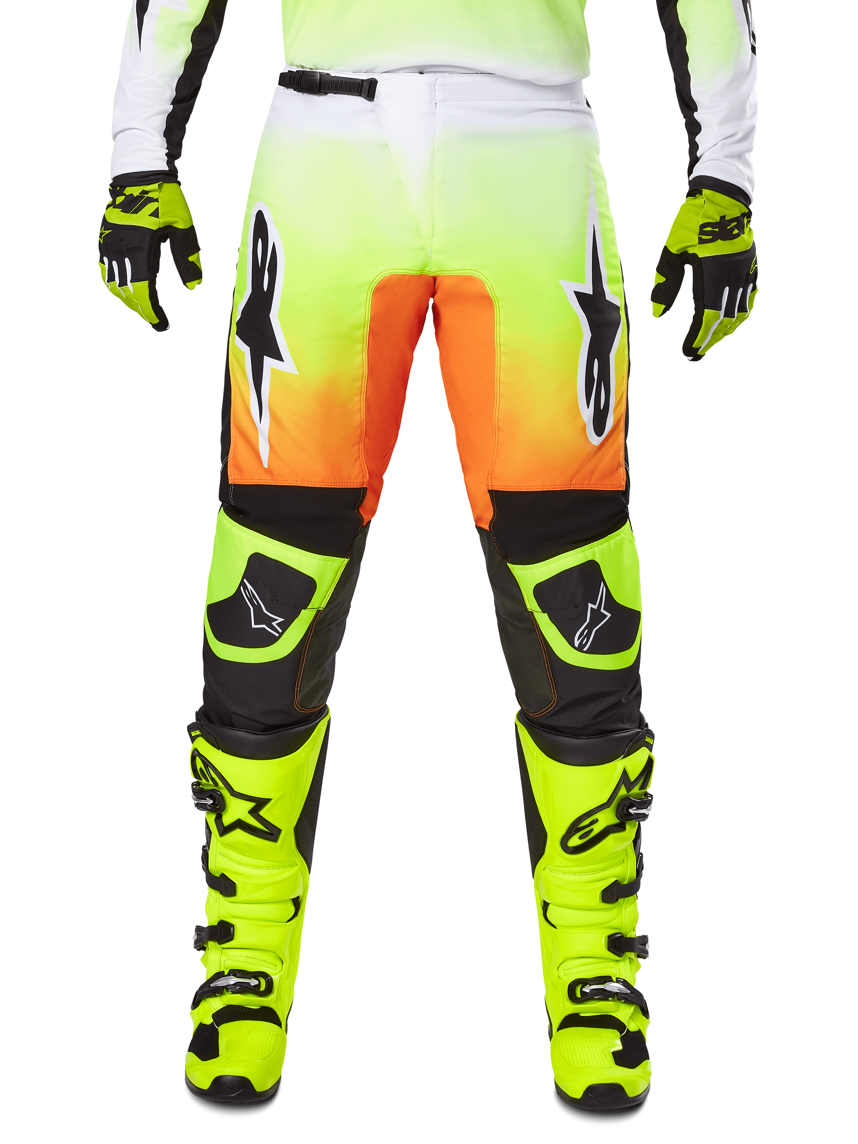 Alpinestars 2025 Fluid Wurx Pants, pantalon de motocross, jaune fluo et orange, logos étoiles noirs et blancs, design de course épuré avec empiècements noirs aux genoux, coordonné avec des bottes et des gants jaune fluo assortis