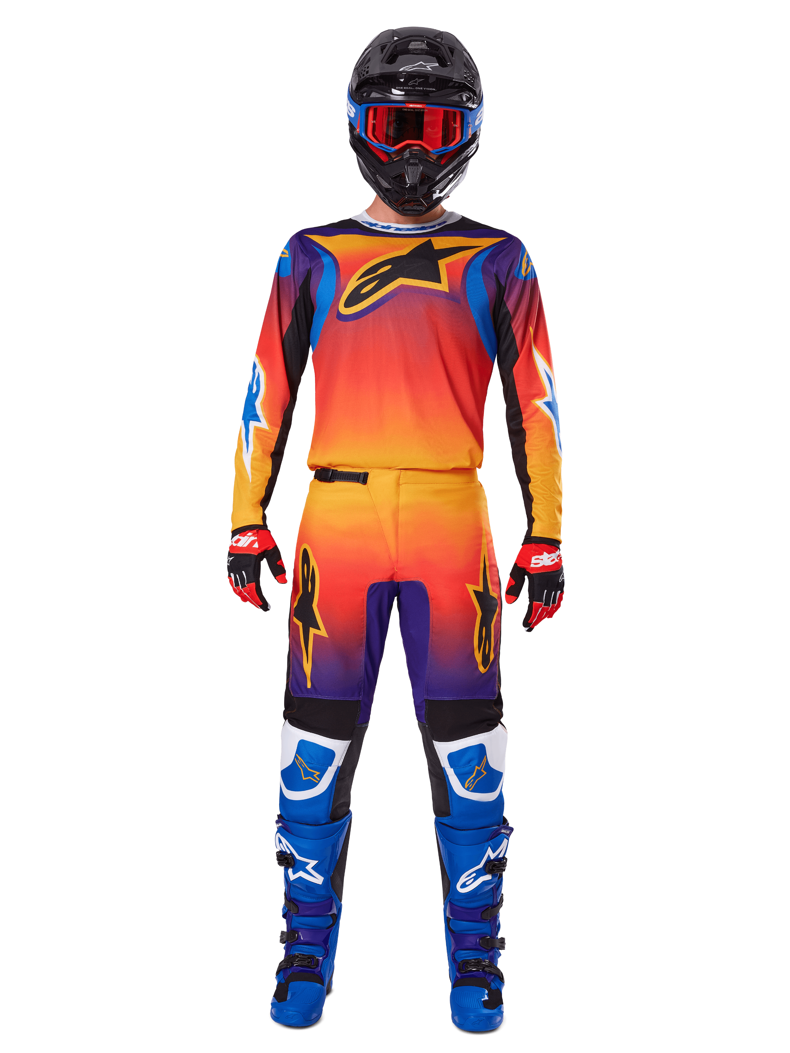 Alpinestars 2025 Fluid Wurx Pants, Motocross Pants, Multicolor orange yellow and purple gradient, worn with matching jersey, black helmet with blue goggles, red and black gloves, and blue boots, coordinated motocross racing gear
