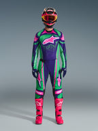 Alpinestars 2026 Techstar Nomur Gear Set, Motocross Racing Outfit, Vibrant Green Purple and Pink, Large Star Logo on Chest and Thighs, Black Helmet with Pink and Yellow Accents, Bright Pink Boots, Professional Sporty Design