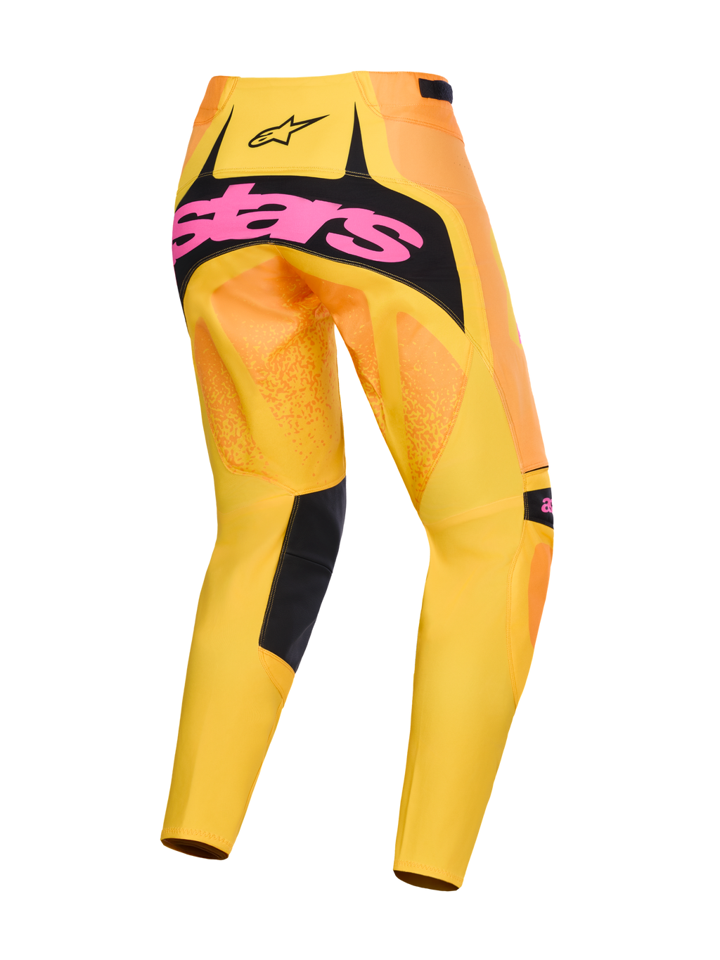 Pantalon Alpinestars Techstar Nomur 2026, pantalon de motocross, orange, jaune et rose, vue arrière avec large logo rose sur empiècement d'assise noir, dégradé jaune et orange avec accents noirs, équipement de course tout-terrain haute performance