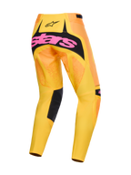 Pantalon Alpinestars Techstar Nomur 2026, pantalon de motocross, orange, jaune et rose, vue arrière avec large logo rose sur empiècement d'assise noir, dégradé jaune et orange avec accents noirs, équipement de course tout-terrain haute performance