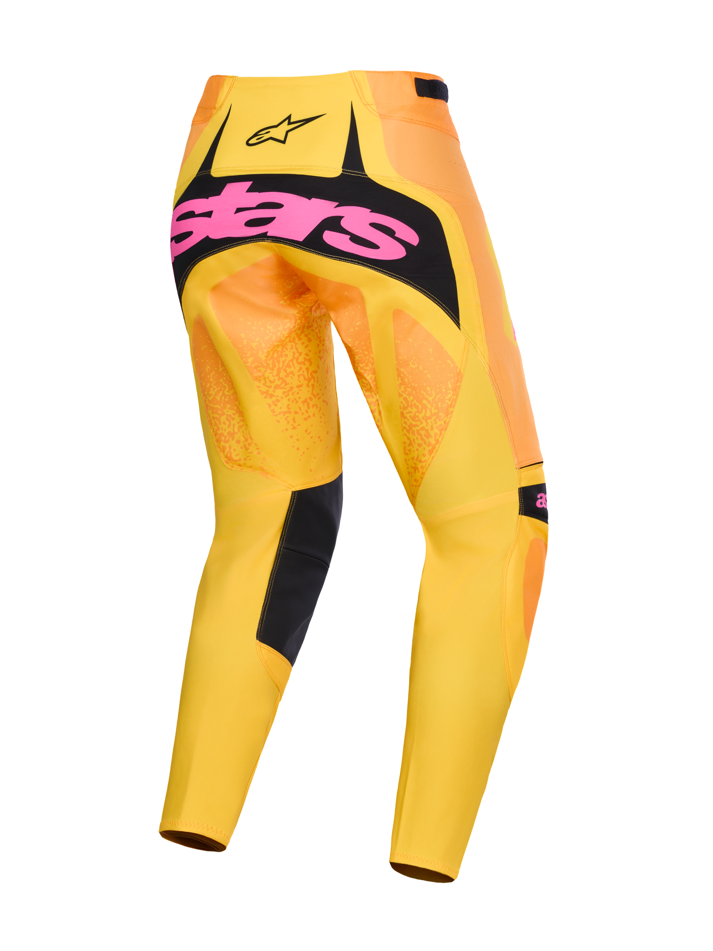 Pantalon Alpinestars Techstar Nomur 2026, pantalon de motocross, orange, jaune et rose, vue arrière avec large logo rose sur empiècement d'assise noir, dégradé jaune et orange avec accents noirs, équipement de course tout-terrain haute performance