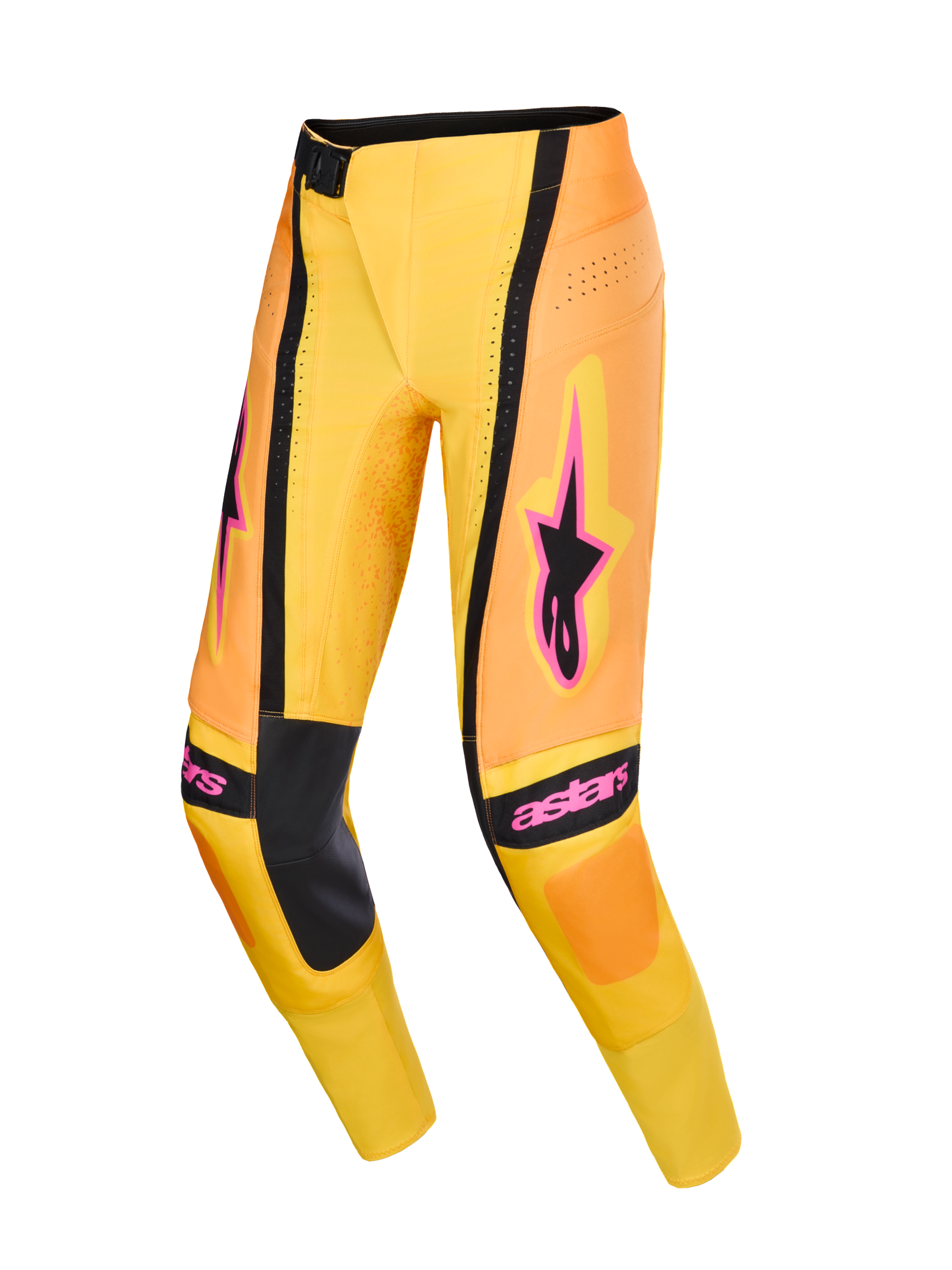 Alpinestars 2026 Techstar Nomur Pants, pantalon de motocross, orange, jaune et rose, avec panneaux intérieurs aux genoux noirs et logos Alpinestars rose vif, design technique avec perforations ventilées et coupe athlétique, équipement haute performance pour la course tout-terrain
