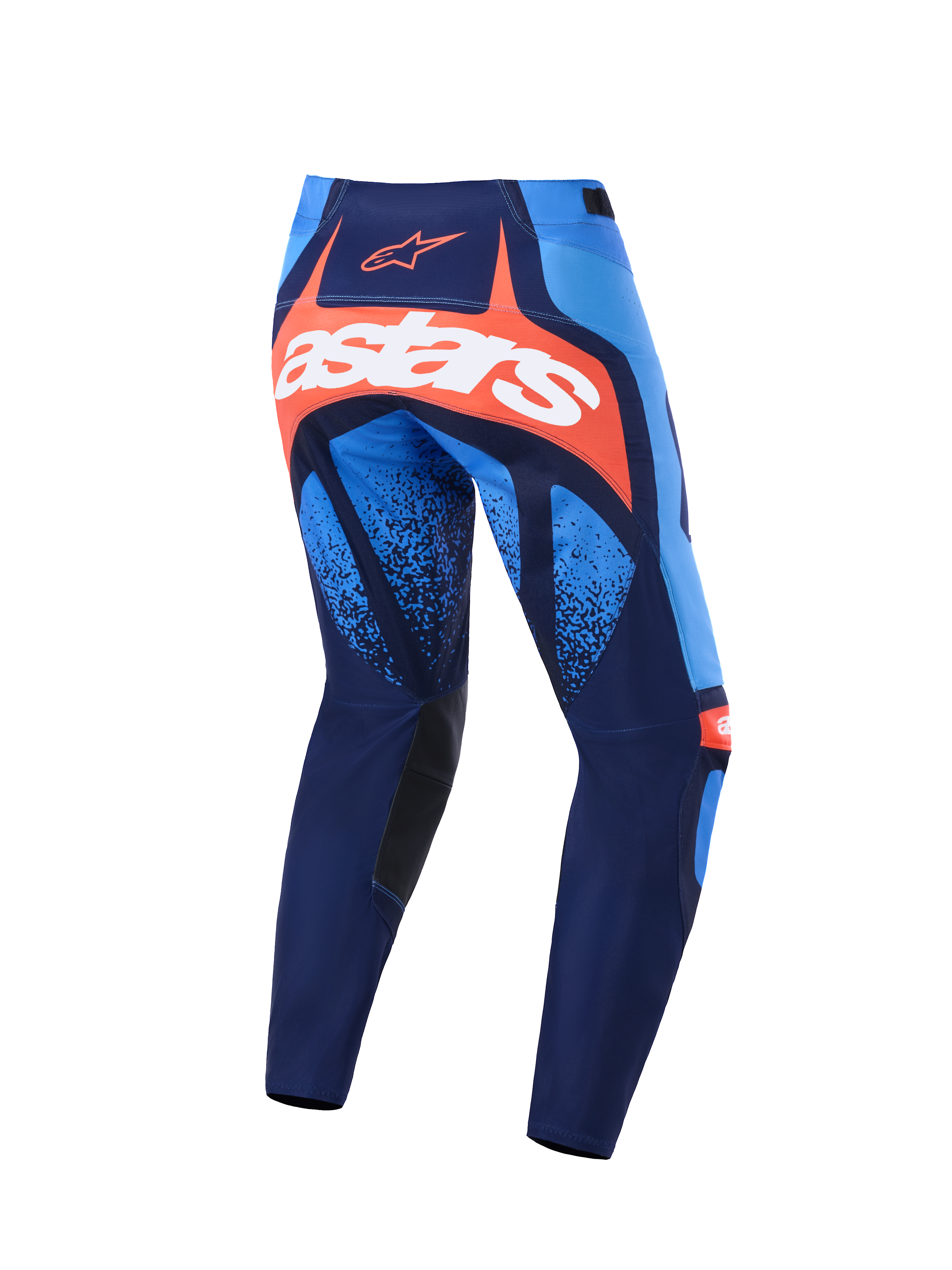 Alpinestars 2026 Techstar Nomur Pants, Motocross Pants, Dark Navy, Orange, and UCLA Blue, back view featuring a bold white astars logo on an orange panel, multi-panel design with light blue accents, black inner knee panels, durable gear for off-road racing.
