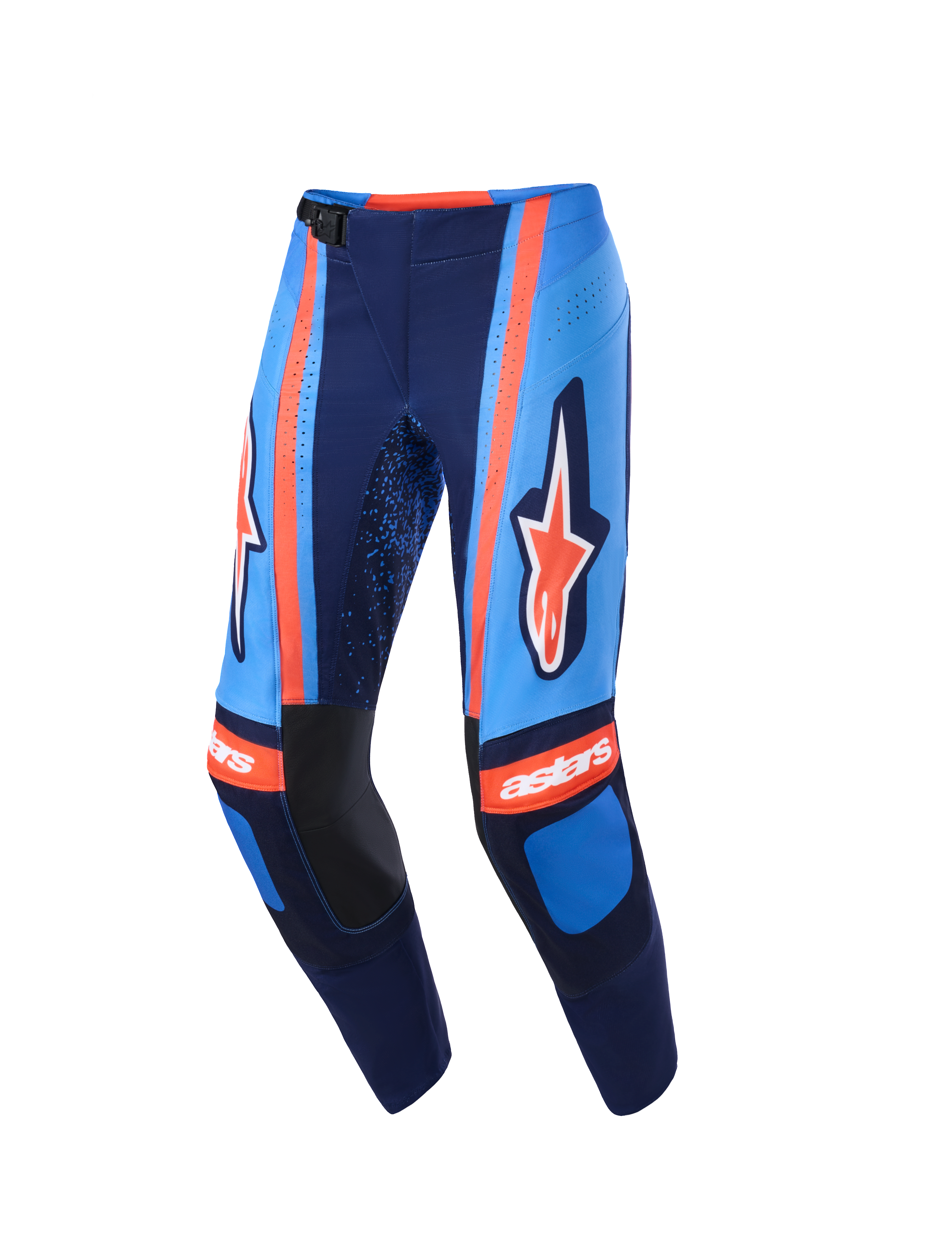 Alpinestars 2026 Techstar Nomur Pants, Motocross Pants, Dark Navy, Orange, and UCLA Blue, featuring bold Alpinestars branding on the thighs, 'astars' logo on the knees, magnetic waist buckle, and laser-cut perforations for airflow, high-performance off-road gear