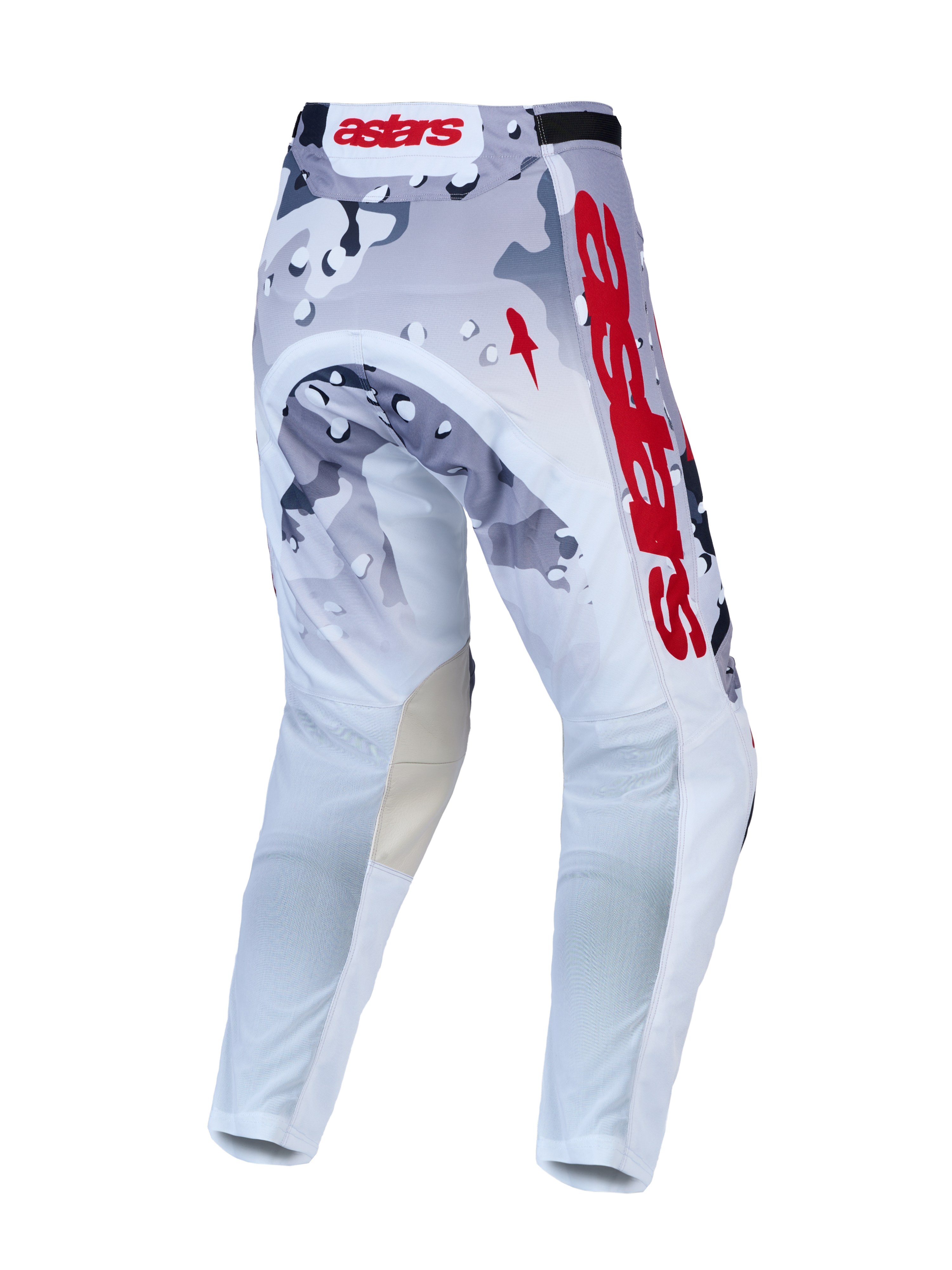 Alpinestars Racer Air Lone, pantalon de motocross ventilé, motif camouflage gris et blanc, logos rouges, vue arrière.
