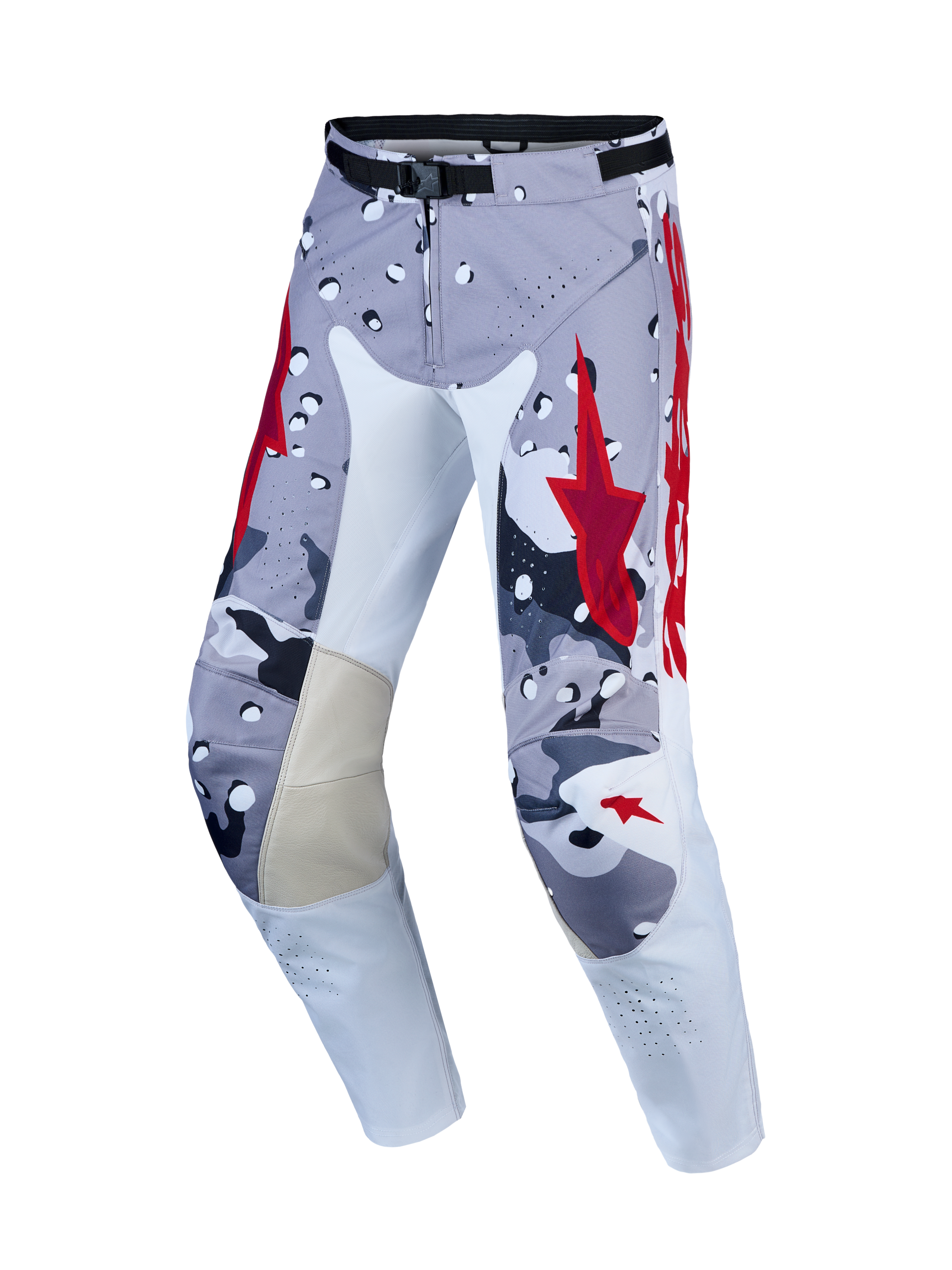 Pantalon de motocross Alpinestars Racer Air Lone, gris et rouge, construction ventilée et coupe pré-courbée ergonomique.