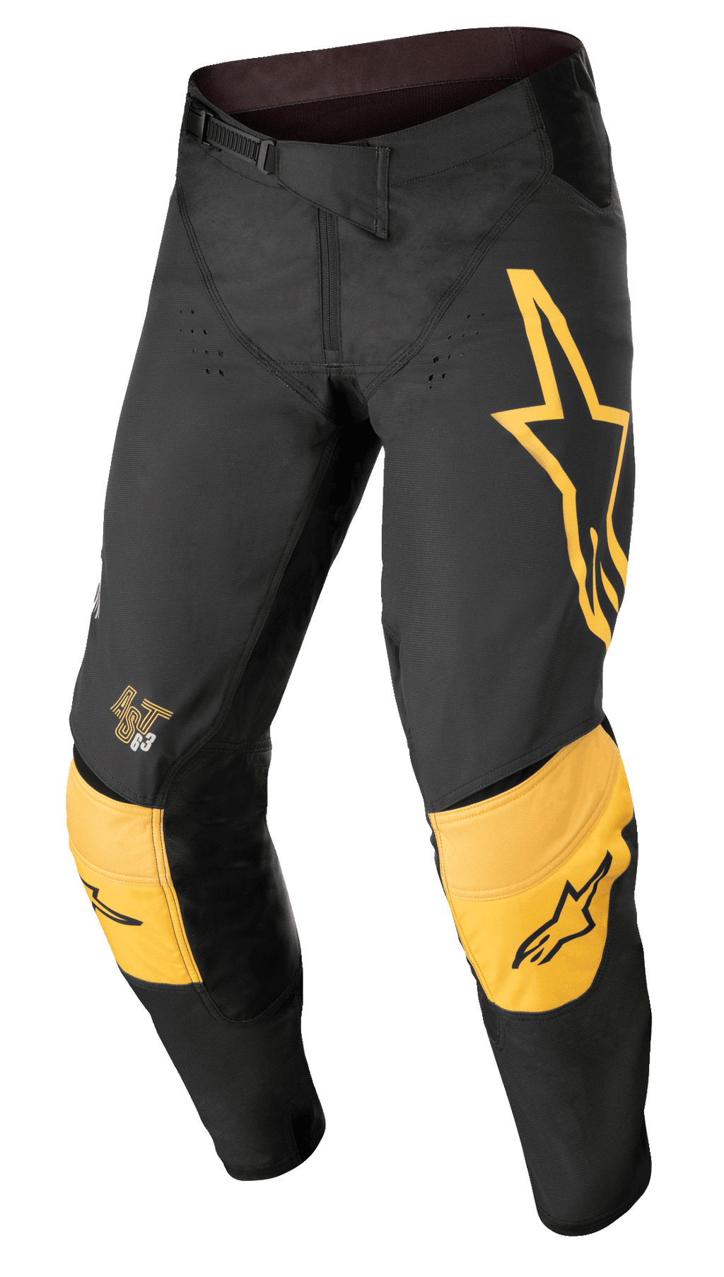 Alpinestars Techstar Quadro Pants, Motocross Off-Road Pants, Black and Yellow with Tangerine accents, featuring a large yellow star logo on the left thigh, reinforced yellow knee padding with black logos, ventilation holes, and a secure ratchet waist closure for a high-performance race fit.