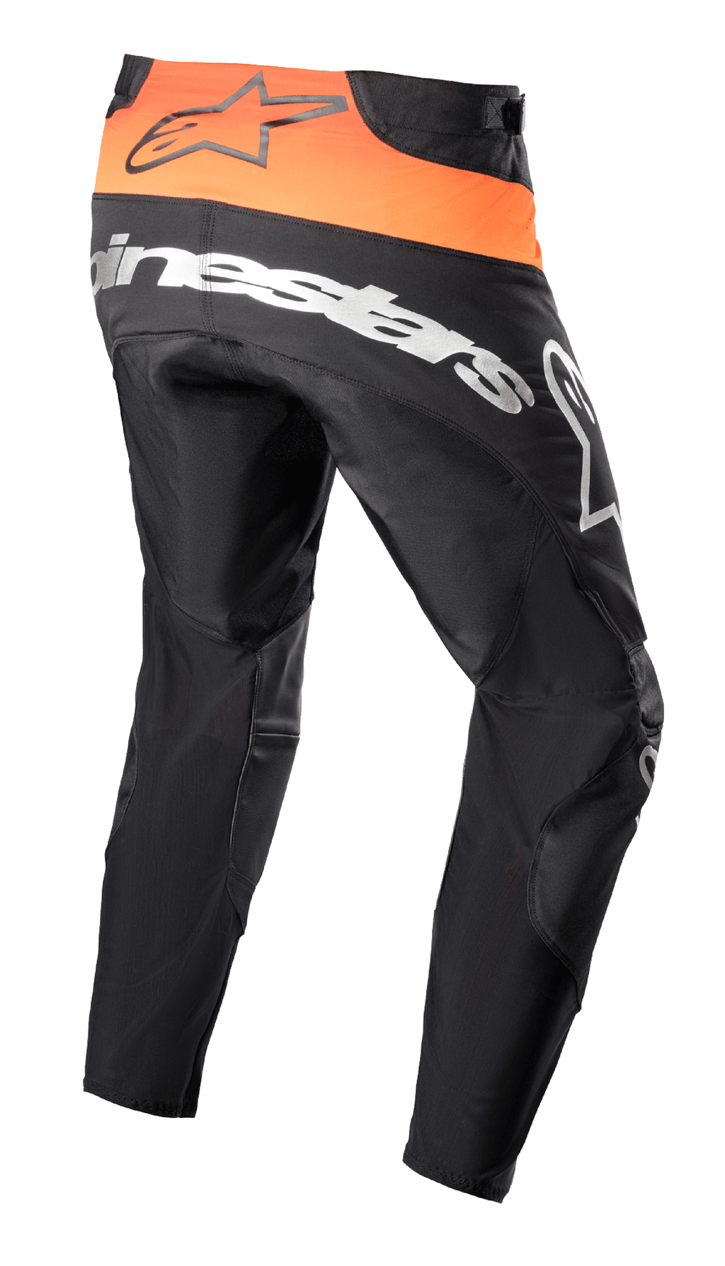Pantalon Alpinestars Techstar Sein 2023, pantalon de motocross, noir et orange vif, vue arrière montrant l'empiècement orange vif à la taille avec logo noir, large marquage Alpinestars blanc sur l'assise, construction en textile renforcé pour la course tout-terrain