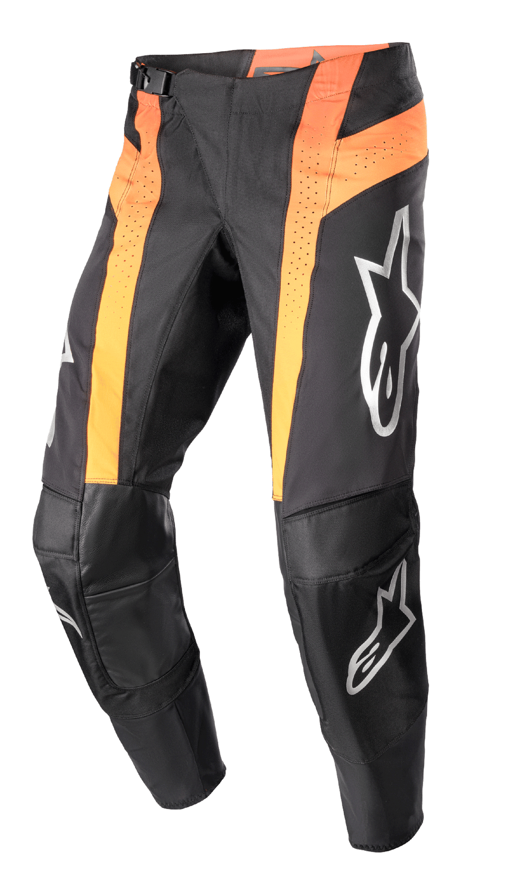 Alpinestars 2023 Techstar Sein Pants, pantalon de motocross, noir et orange vif, avec panneaux orange verticaux perforés, zones des genoux renforcées en cuir, logos argentés sur les cuisses et les tibias, design coupe course