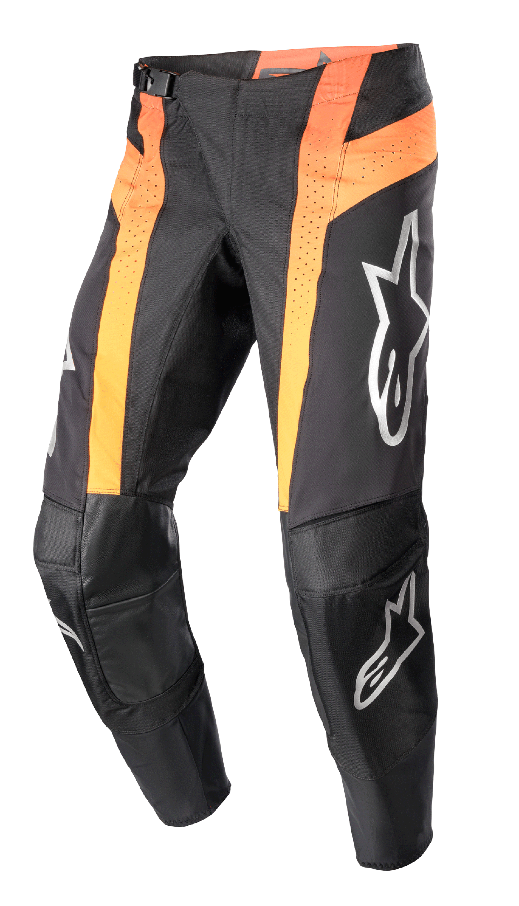 Alpinestars 2023 Techstar Sein Pants, pantalon de motocross, noir et orange vif, avec panneaux orange verticaux perforés, zones des genoux renforcées en cuir, logos argentés sur les cuisses et les tibias, design coupe course