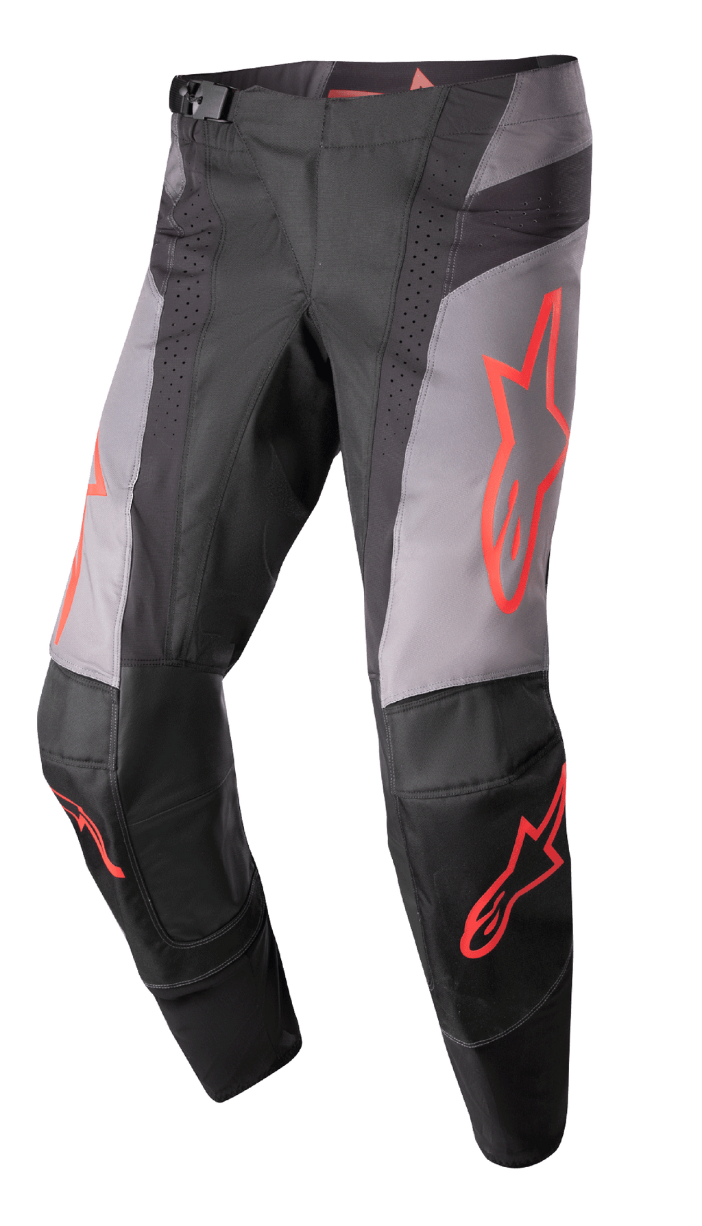 Alpinestars Techstar Sein 2023, pantalon de motocross, noir et gris avec graphismes d'étoiles rouge fluo, doté de zones de ventilation perforées, boucle de taille magnétique et construction de genou Babel 3D renforcée pour des performances tout-terrain