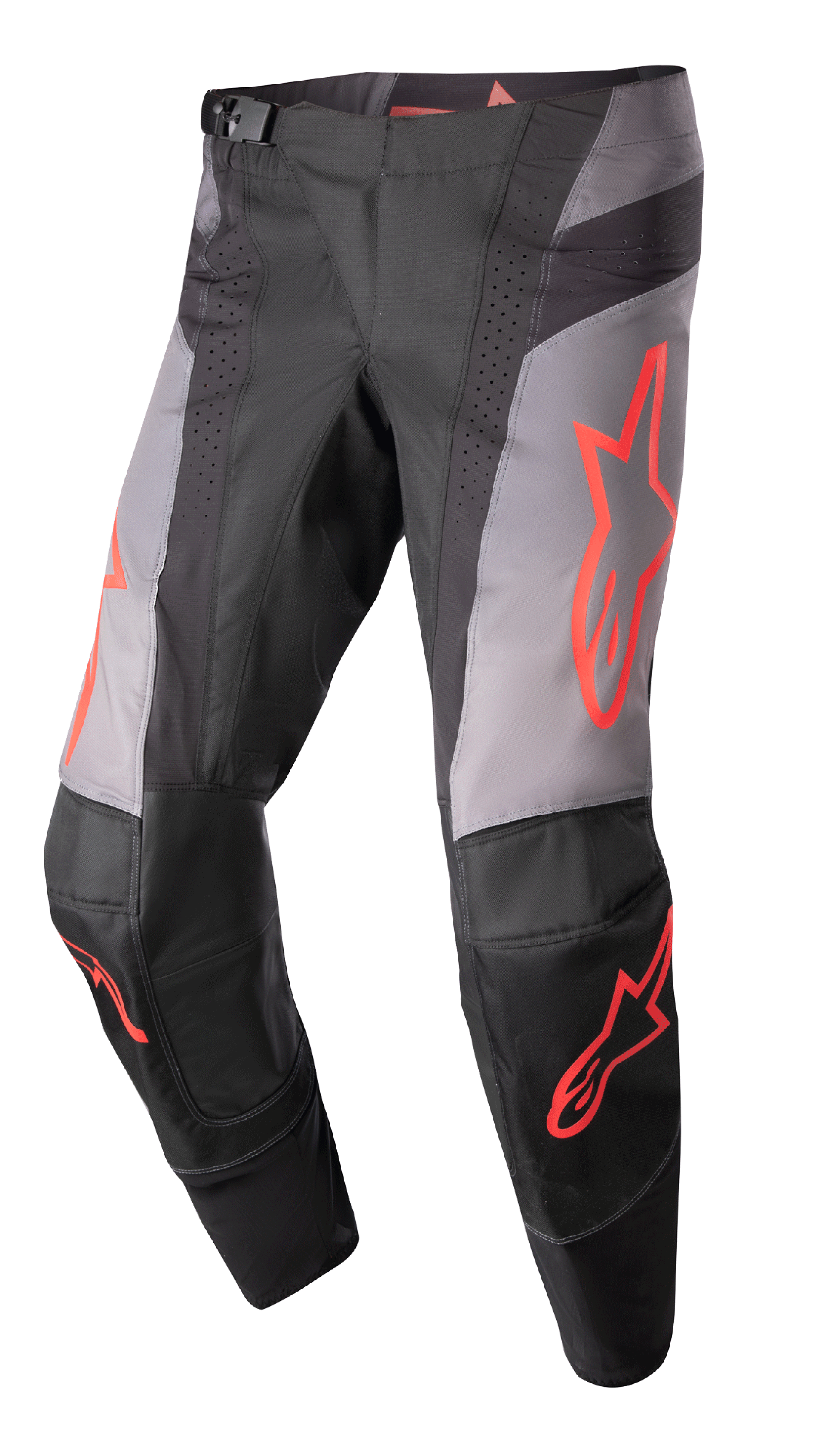 Alpinestars 2023 Techstar Sein Pants, Motocross Racing Pants, Black and Gray with Neon Red Star Graphics, featuring perforated ventilation zones, magnetic waist buckle, and reinforced 3D Babel knee construction for off-road performance.