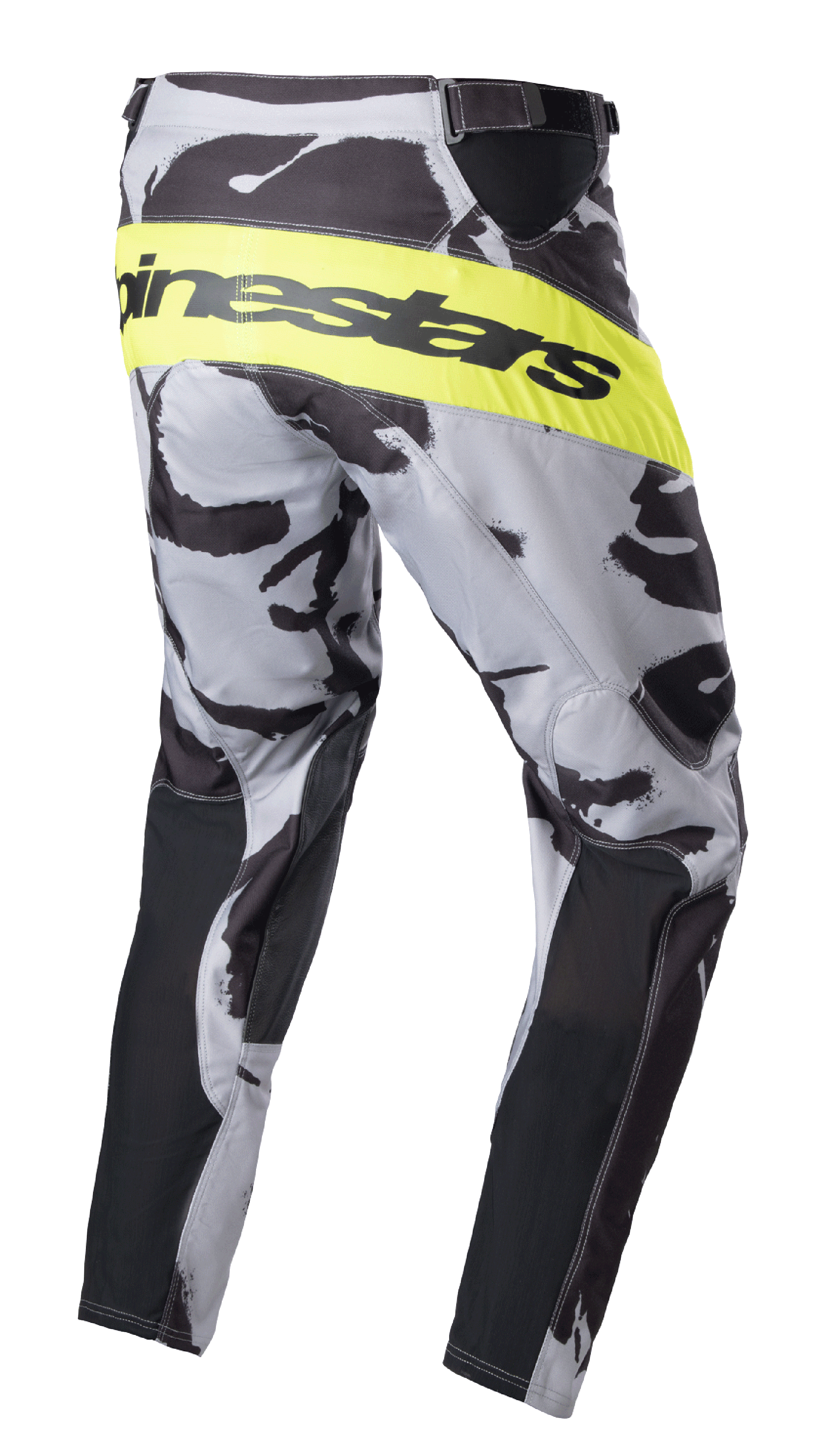 Pantalon Alpinestars Racer Tactical 2023, pantalon de motocross, camo gris et jaune fluo, vue latérale arrière présentant une bande jaune fluo éclatante avec le marquage Alpinestars noir, motif camouflage avec panneaux noirs à l'intérieur des jambes, équipement tout-terrain haute performance