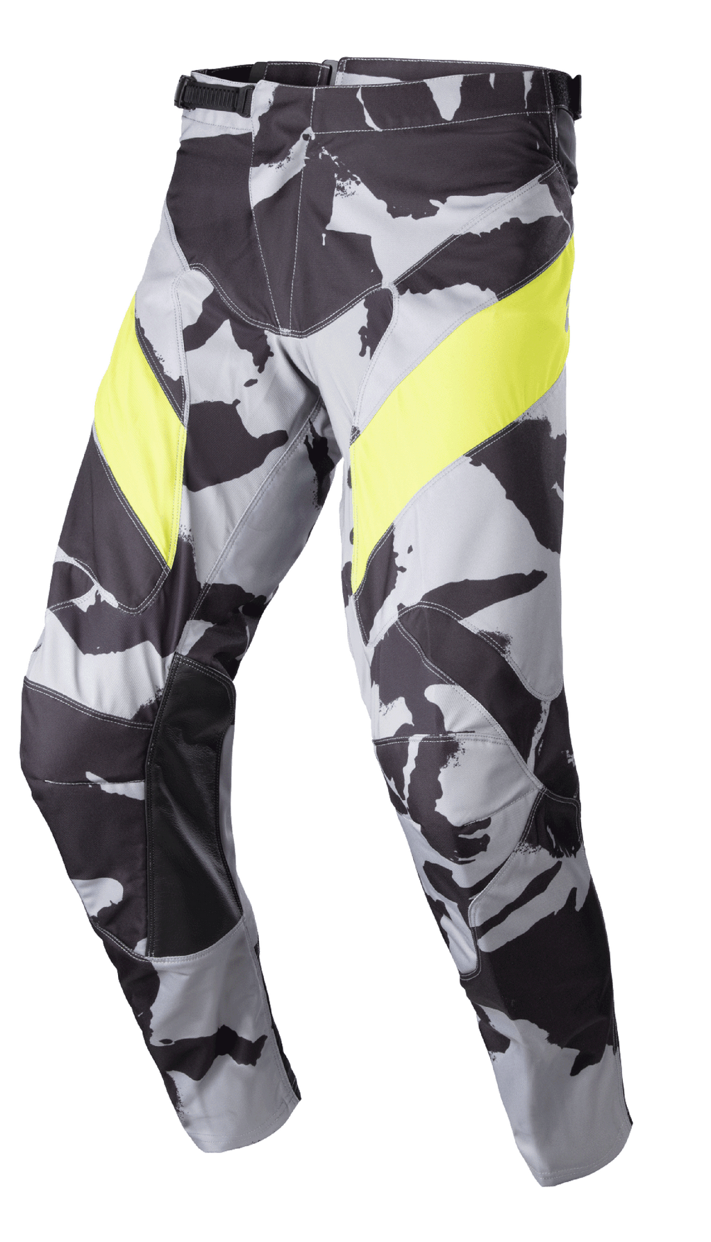 Alpinestars 2023 Racer Tactical Pants, pantalon de motocross, camouflage gris et jaune fluo, motif camouflage gris avec empiècements jaunes vifs sur les cuisses, renforts intérieurs aux genoux en cuir noir et fermeture à cliquet à la taille pour la course tout-terrain