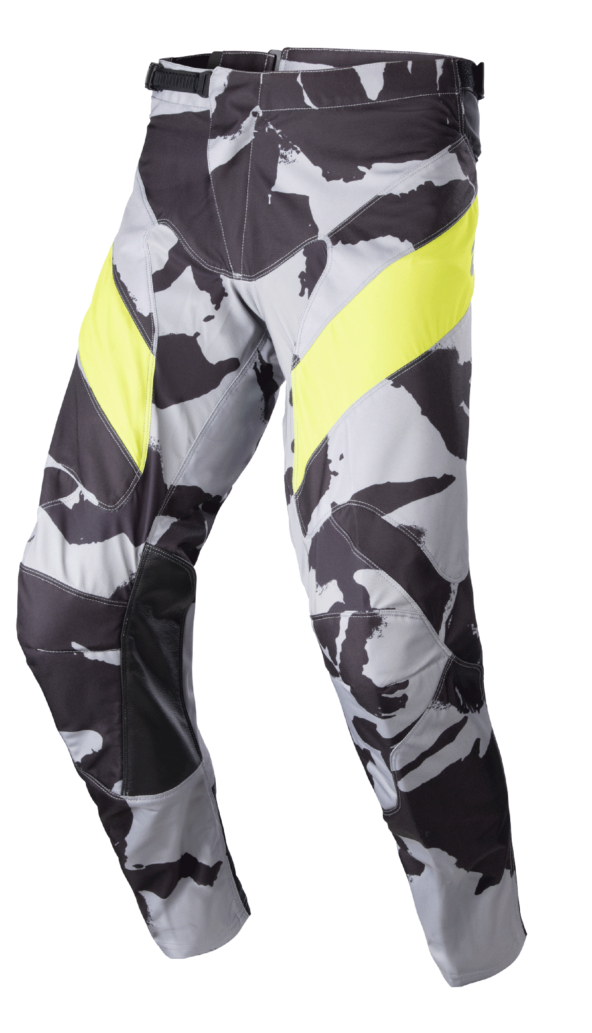 Alpinestars 2023 Racer Tactical Pants, pantalon de motocross, camouflage gris et jaune fluo, motif camouflage gris avec empiècements jaunes vifs sur les cuisses, renforts intérieurs aux genoux en cuir noir et fermeture à cliquet à la taille pour la course tout-terrain