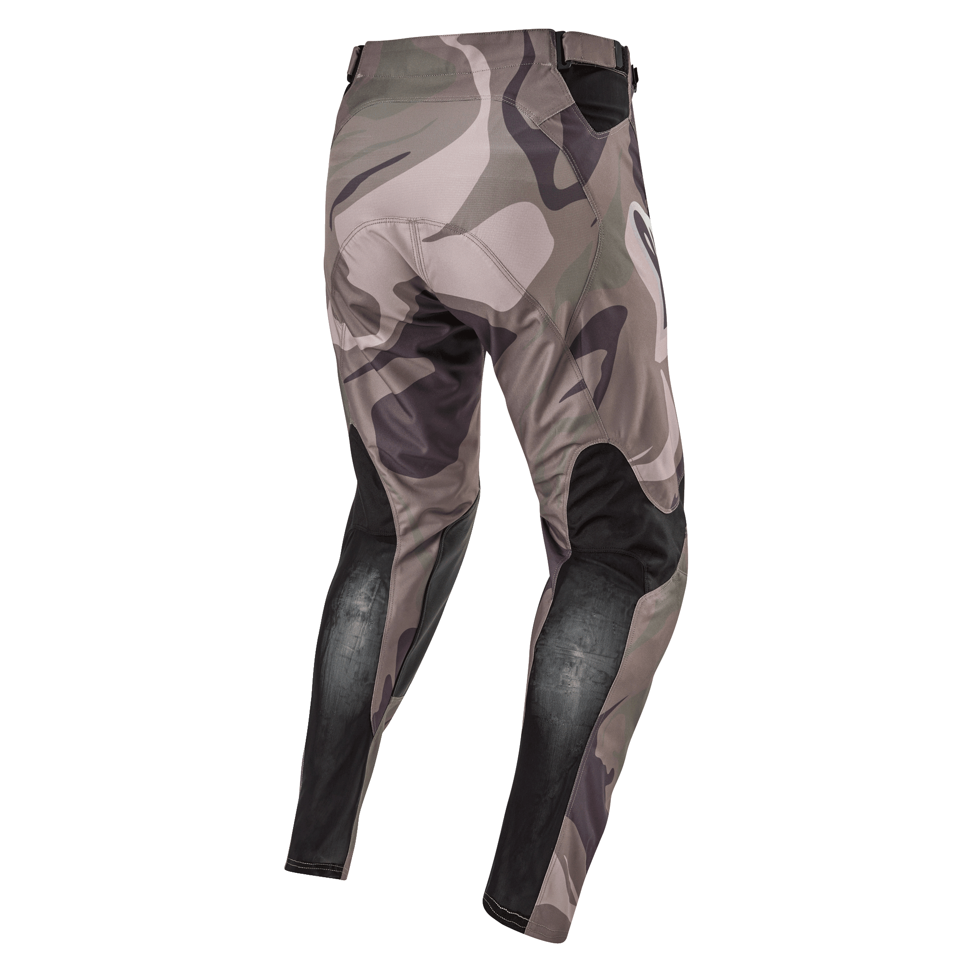 Pantalon Alpinestars Racer Tactical 2024, pantalon de motocross, vert camouflage militaire marron, vue arrière montrant les panneaux extensibles respirants noirs sur le bas des jambes et le design camouflage, textile durable pour la course tout-terrain