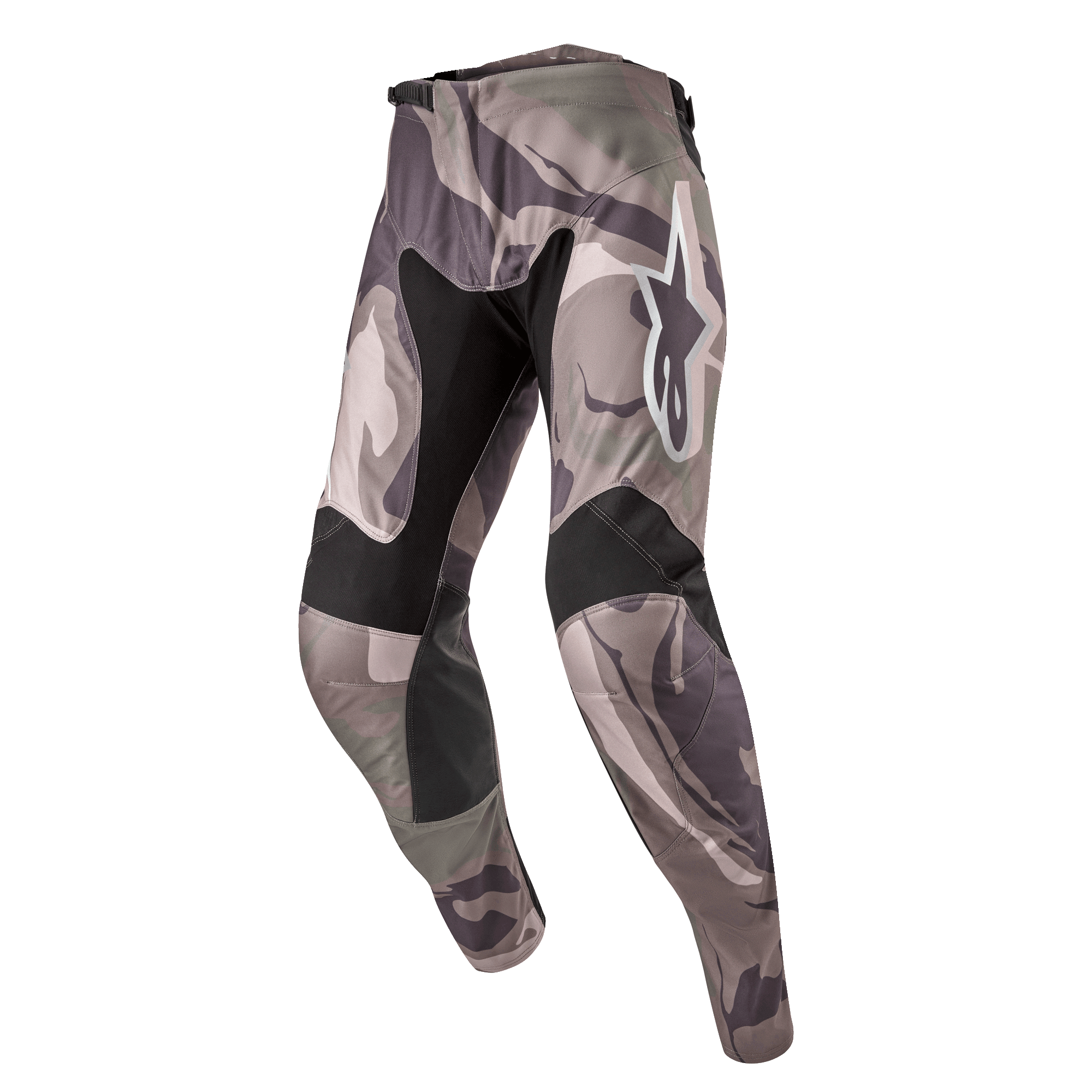 Alpinestars Racer Tactical Pants 2024, pantalon de motocross, motif camouflage vert militaire et marron, avec panneaux extensibles noirs sur l'intérieur des cuisses et aux genoux, logo Alpinestars blanc sur la cuisse, design ergonomique pré-courbé pour la course tout-terrain