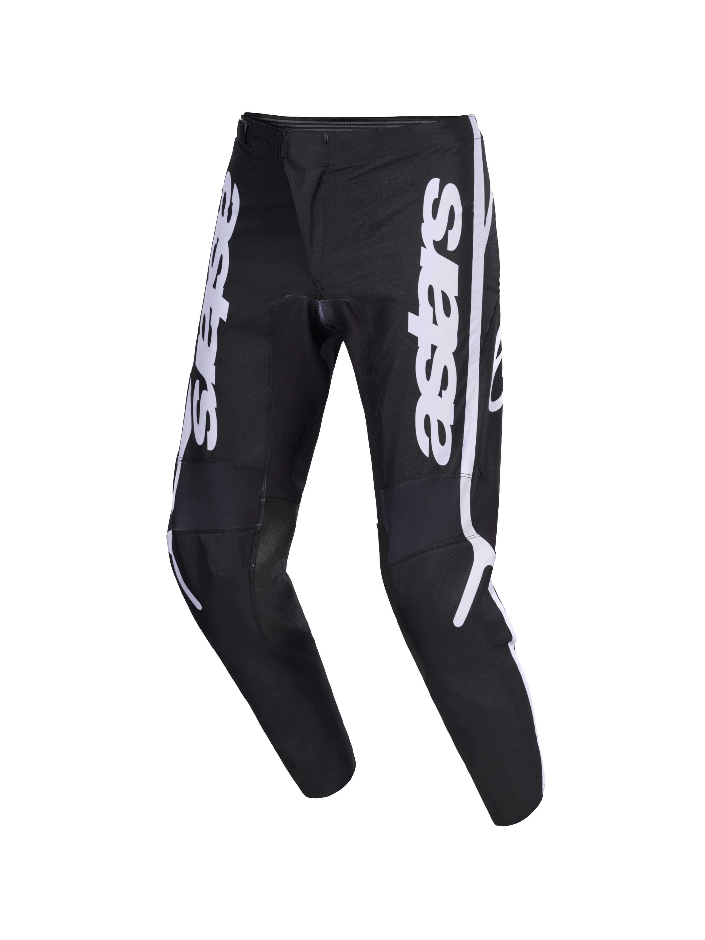 Pantalon Alpinestars 2026 Fluid Apex, pantalon de motocross, noir et gris, arborant des logos astars blancs verticaux sur les jambes, design ergonomique sport-fit pré-courbé, construction durable en poly-tissu 600D pour la conduite tout-terrain