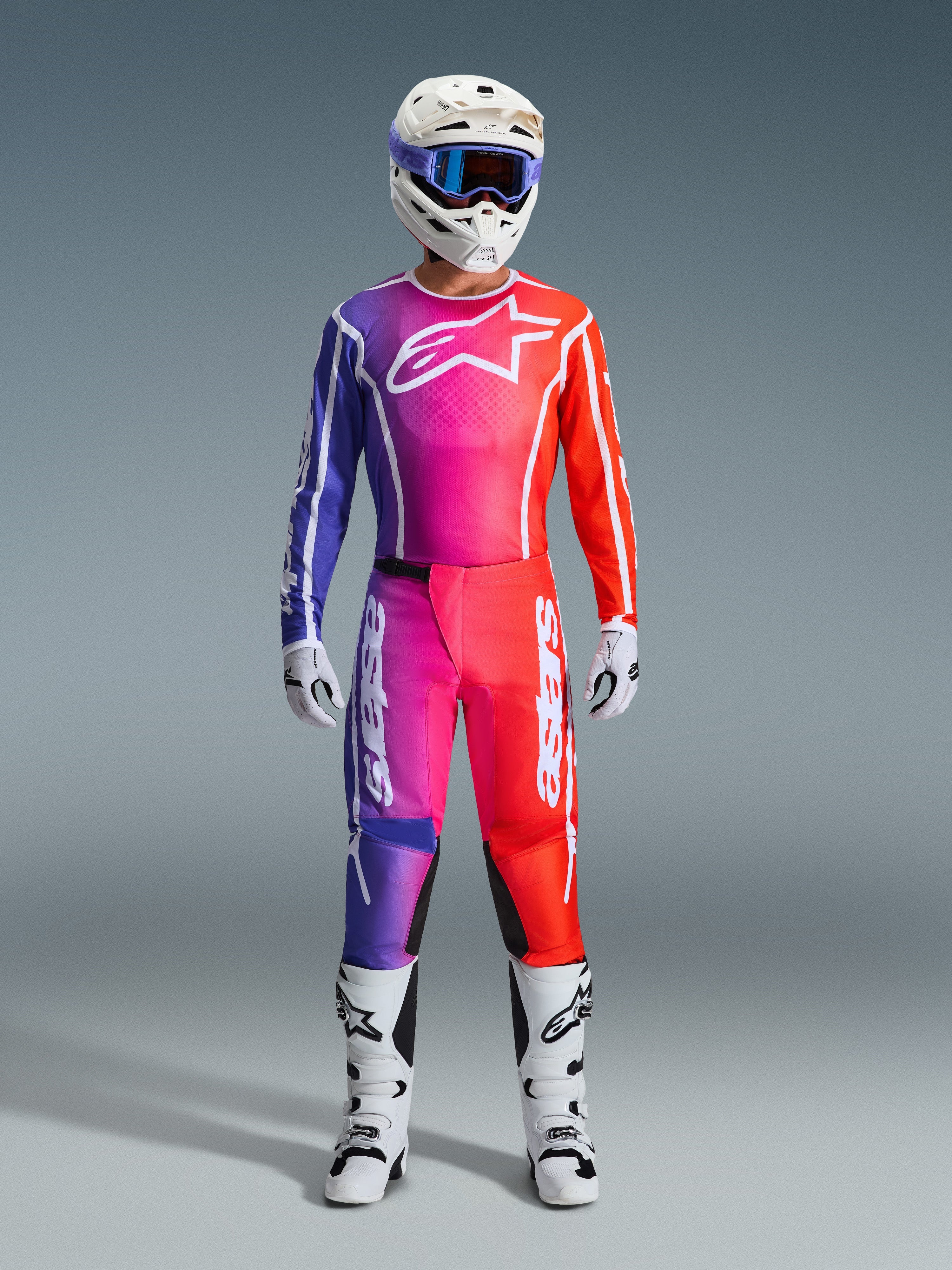 Alpinestars 2026 Fluid Apex Gear Set, Motocross Outfit, Purple Pink and Red Gradient with White Accents, Complete Racing Kit with White Helmet, Blue Goggles, and White Boots, Colorful Off-Road Performance Gear