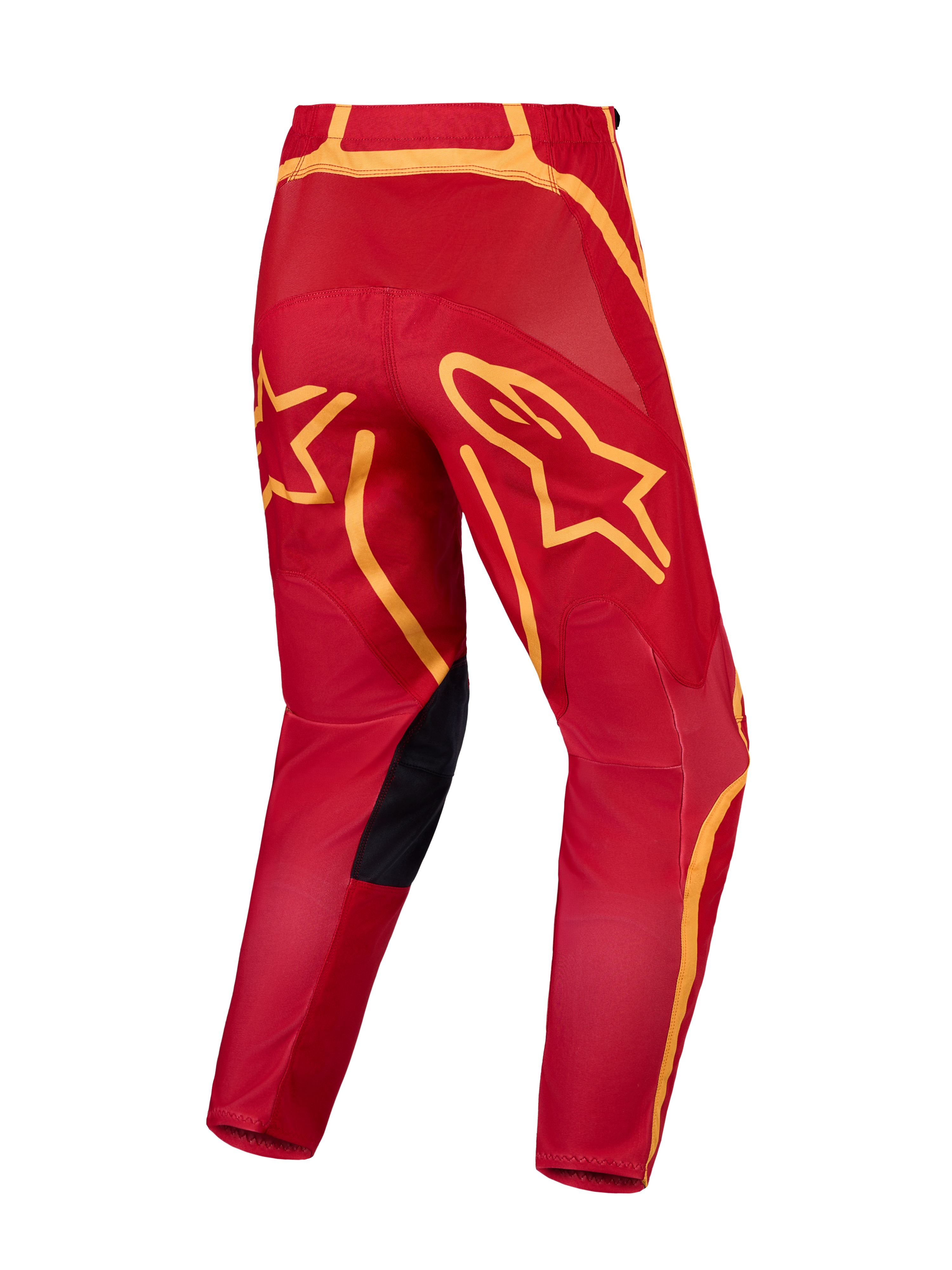 Pantalon Alpinestars Fluid Apex V2 de motocross, rouge et doré, vue arrière avec assise renforcée et graphismes d'étoiles.