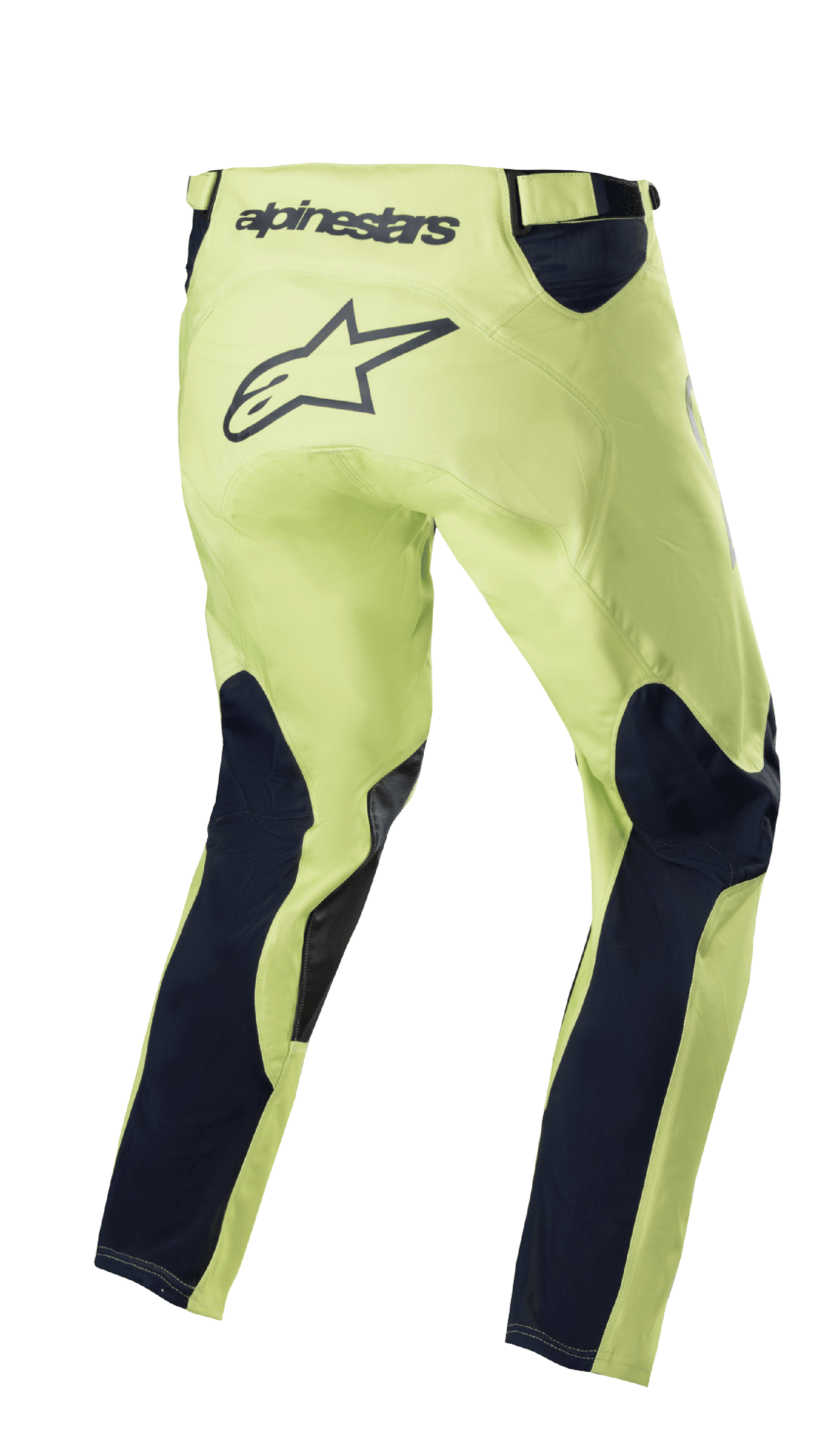 Alpinestars 2023 Racer Hoen Pants, Motocross Pants, Fluorite Green and Night Navy, rear view featuring neon green chassis with navy blue leg panels, large black star logo on the seat area, ergonomic pre-curved design for off-road racing