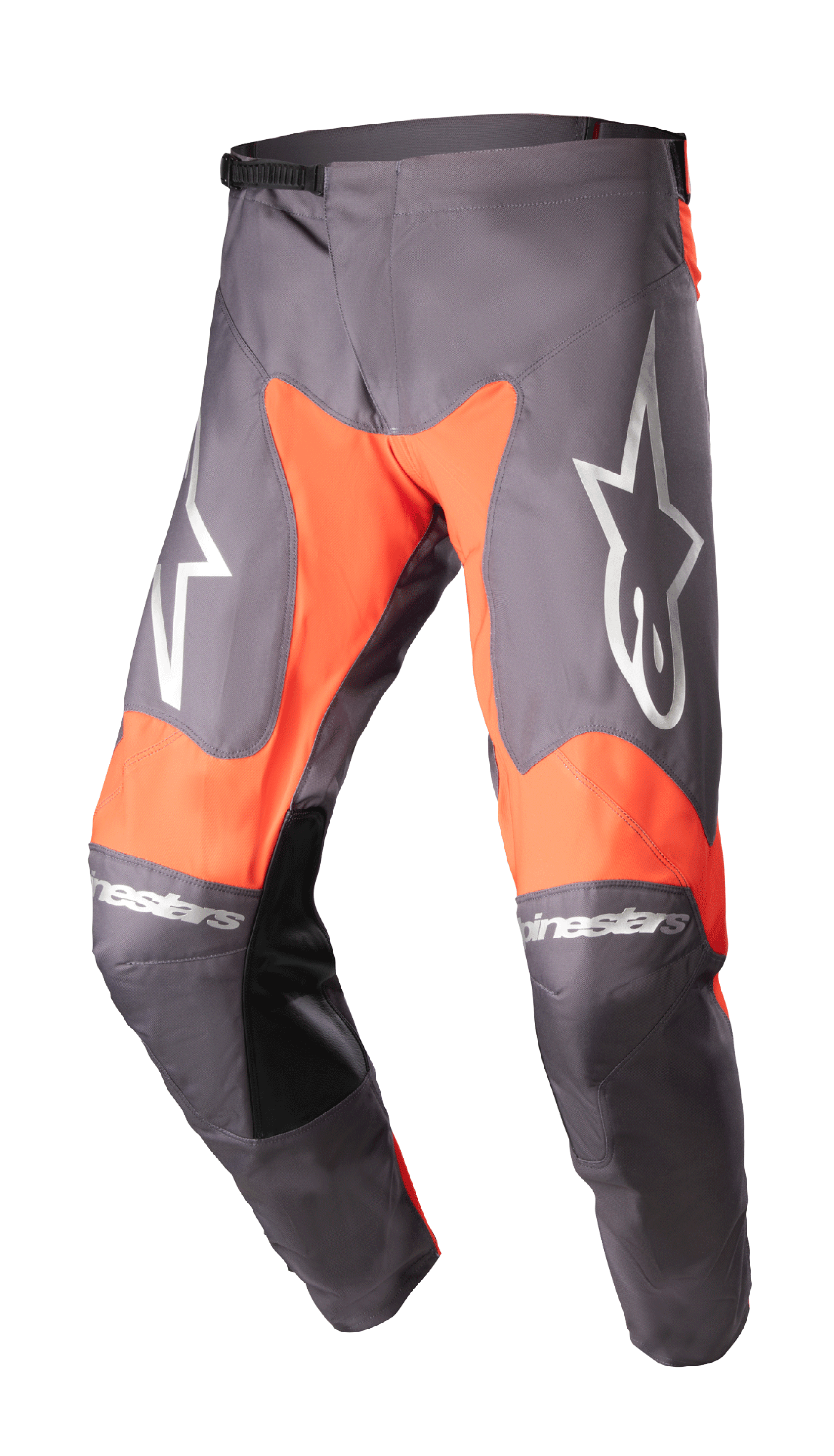 Alpinestars 2023 Racer Hoen Pants, pantalon de motocross, gris et orange vif, grands logos étoile blancs sur les cuisses, panneaux intérieurs des genoux en cuir noir, ajustement à cliquet à la taille, construction durable pour la course tout-terrain