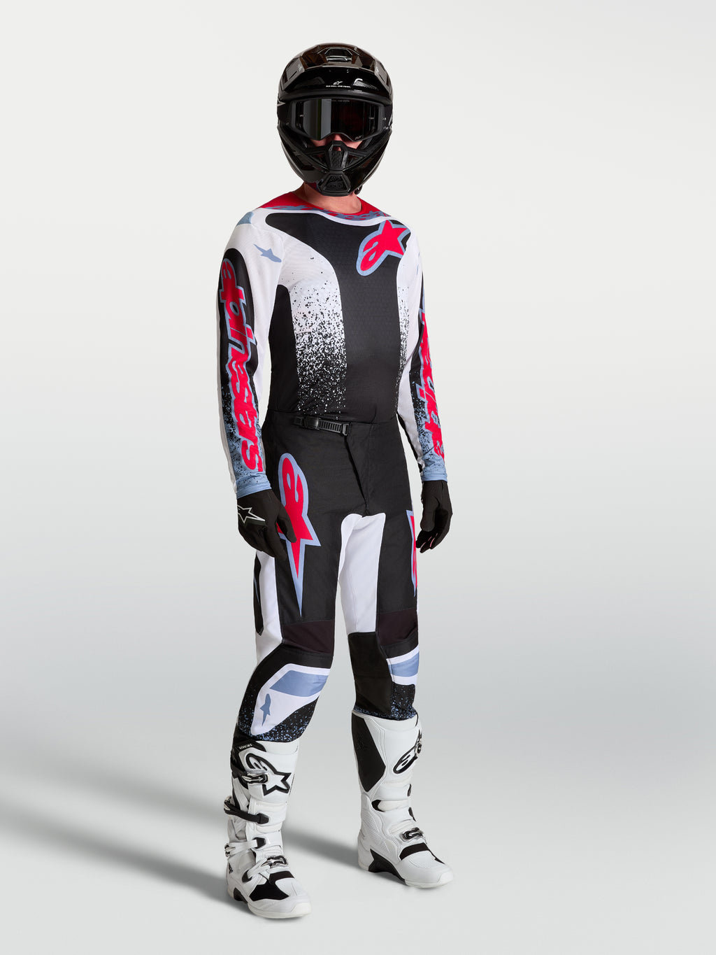 Alpinestars Pantalon Fluid Drag, pantalon de motocross homme noir et blanc avec accents rouge fluo, idéal pour le tout-terrain