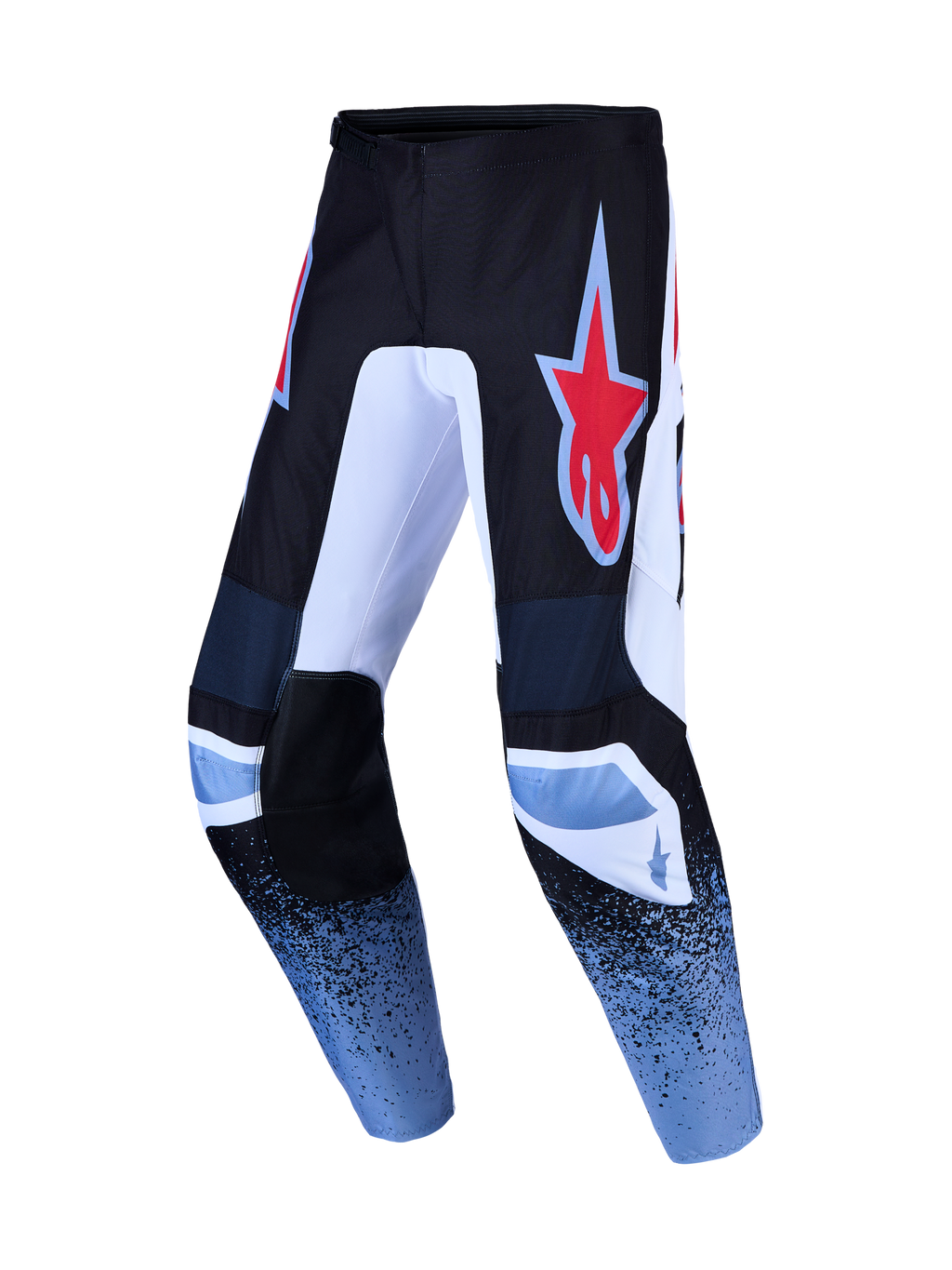 Alpinestars Fluid Drag, pantalon de motocross pour homme, noir et bleu clair, avec une coupe préformée ergonomique.