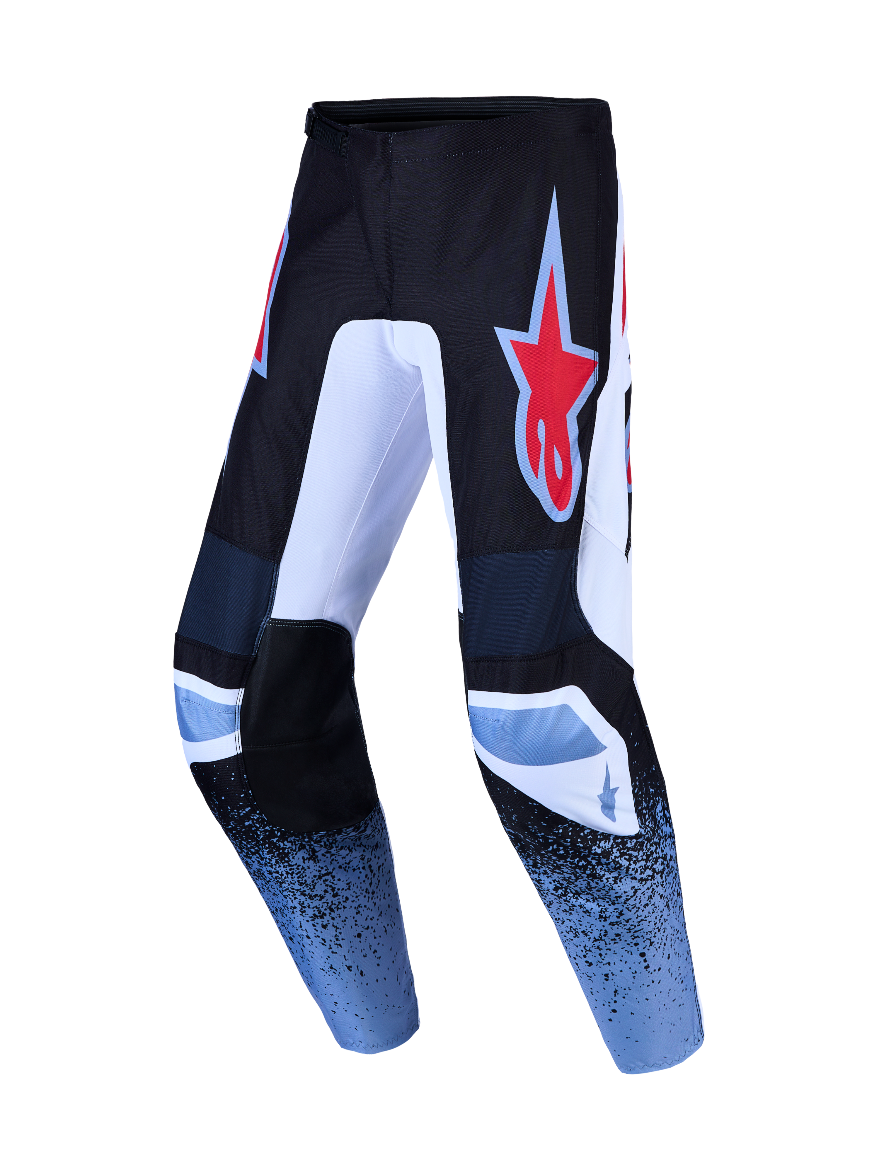 Alpinestars Fluid Drag, pantalon de motocross pour homme, noir et bleu clair, avec une coupe préformée ergonomique.