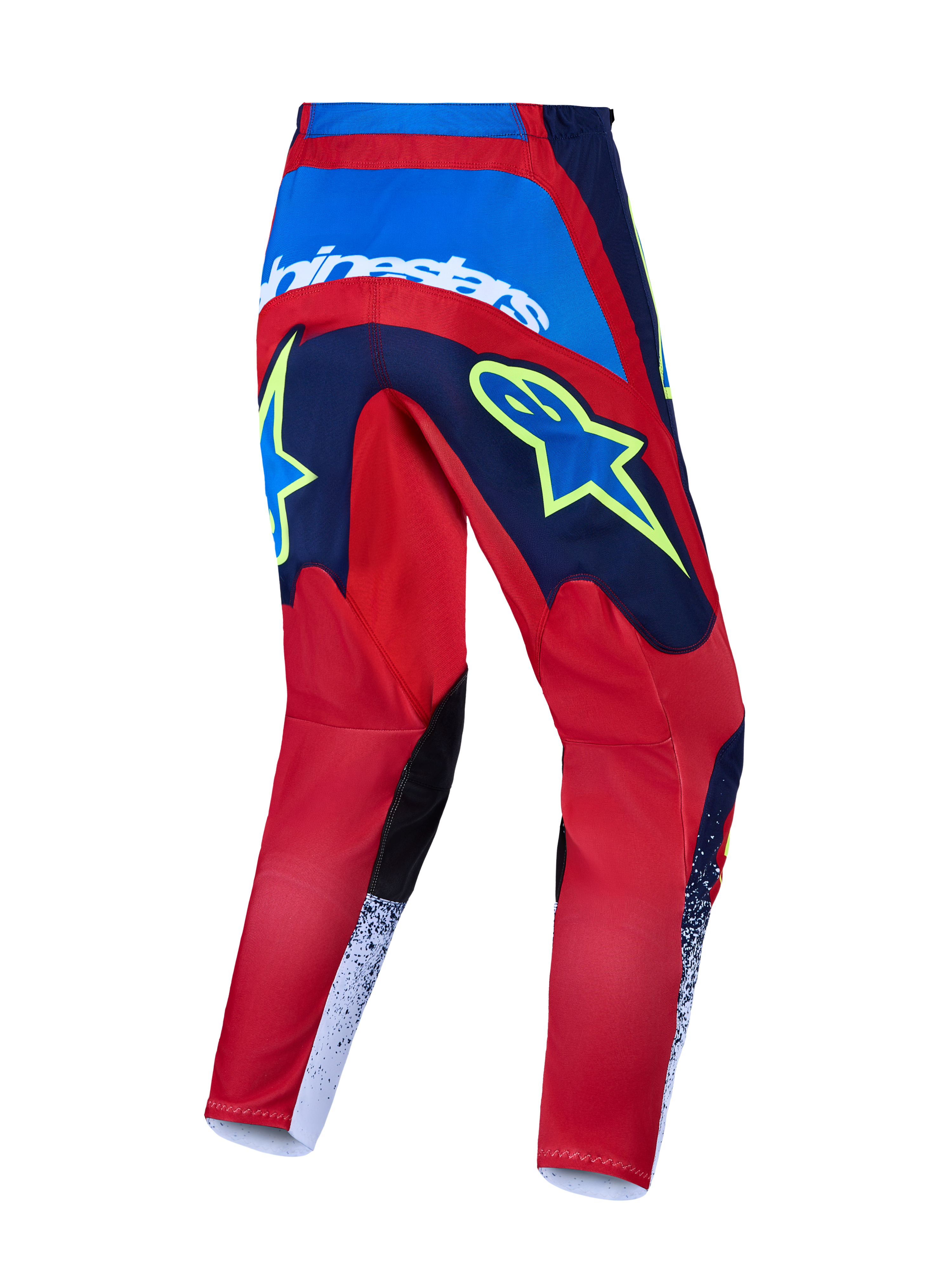 Alpinestars 2027 Fluid Drag Motocross Pants in red and blue featuring bold yellow graphics and reinforced seat construction.