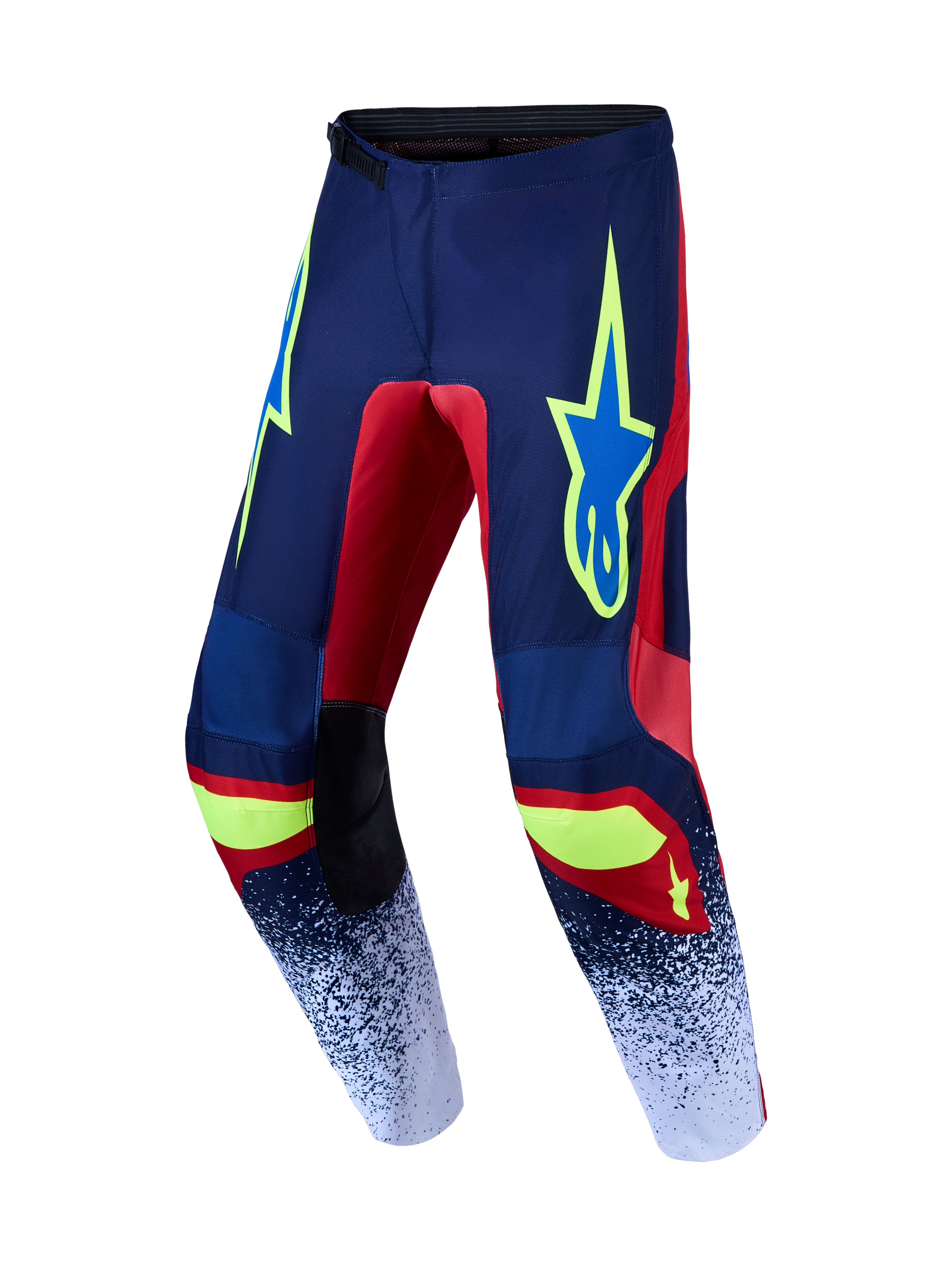 Alpinestars Pantalons Fluid Drag, pantalons de motocross pour homme, bleu marine et rouge, poly-tissu 600D durable, design de jambe pré-courbé et logos jaunes