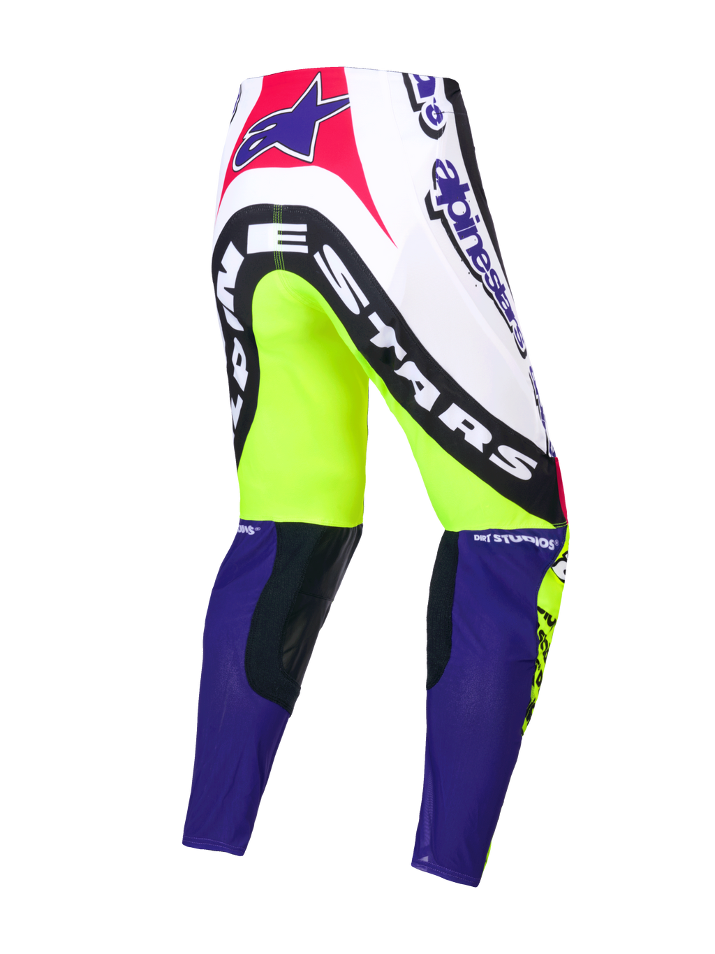 Pantalon Supertech Dirt Studios® Édition Limitée, pantalon de motocross pour homme, blanc, violet et jaune fluo, construction stretch rip-stop monocouche avec empiècements de genou en cuir, vue de dos montrant les graphismes de la marque