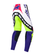 Pantalon Supertech Dirt Studios® Édition Limitée, pantalon de motocross pour homme, blanc, violet et jaune fluo, construction stretch rip-stop monocouche avec empiècements de genou en cuir, vue de dos montrant les graphismes de la marque