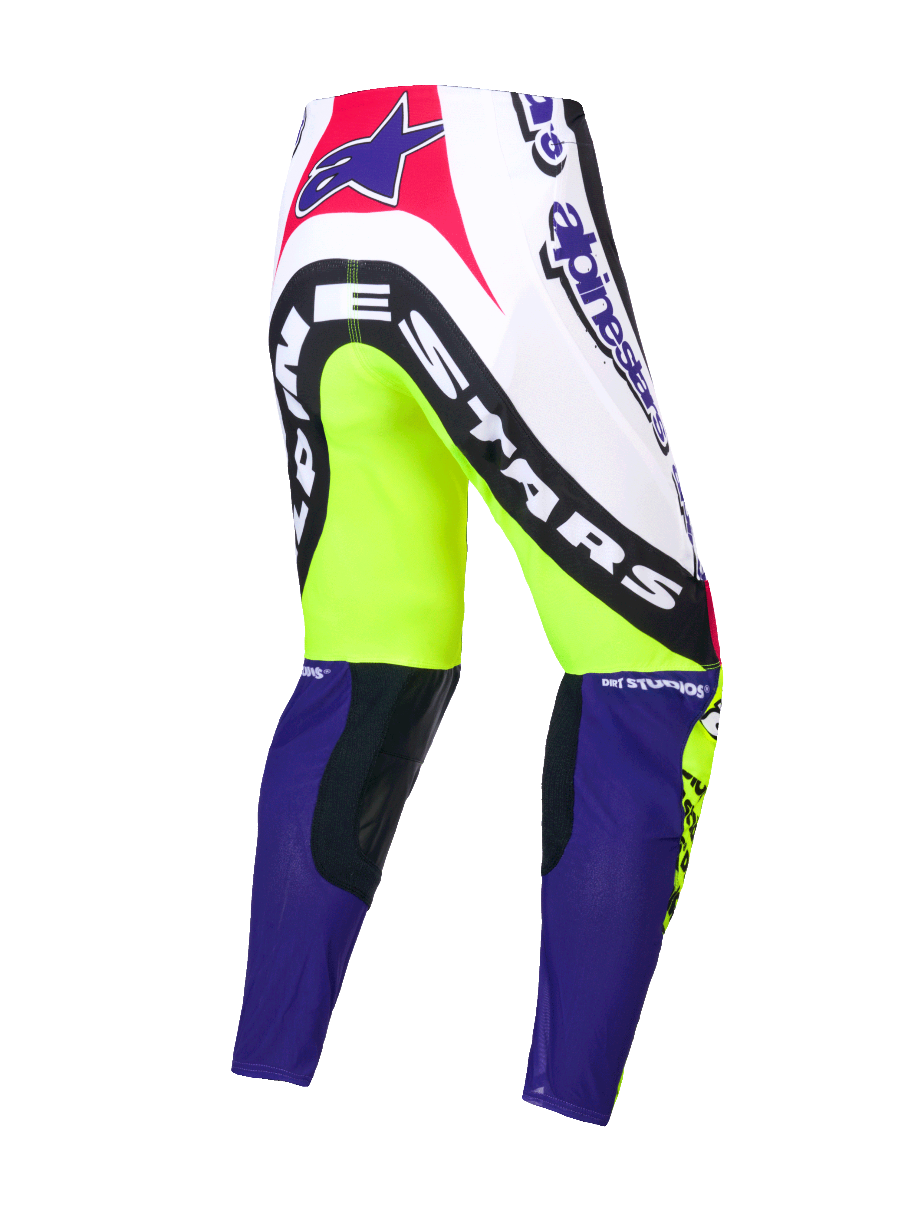 Pantalon Supertech Dirt Studios® Édition Limitée, pantalon de motocross pour homme, blanc, violet et jaune fluo, construction stretch rip-stop monocouche avec empiècements de genou en cuir, vue de dos montrant les graphismes de la marque
