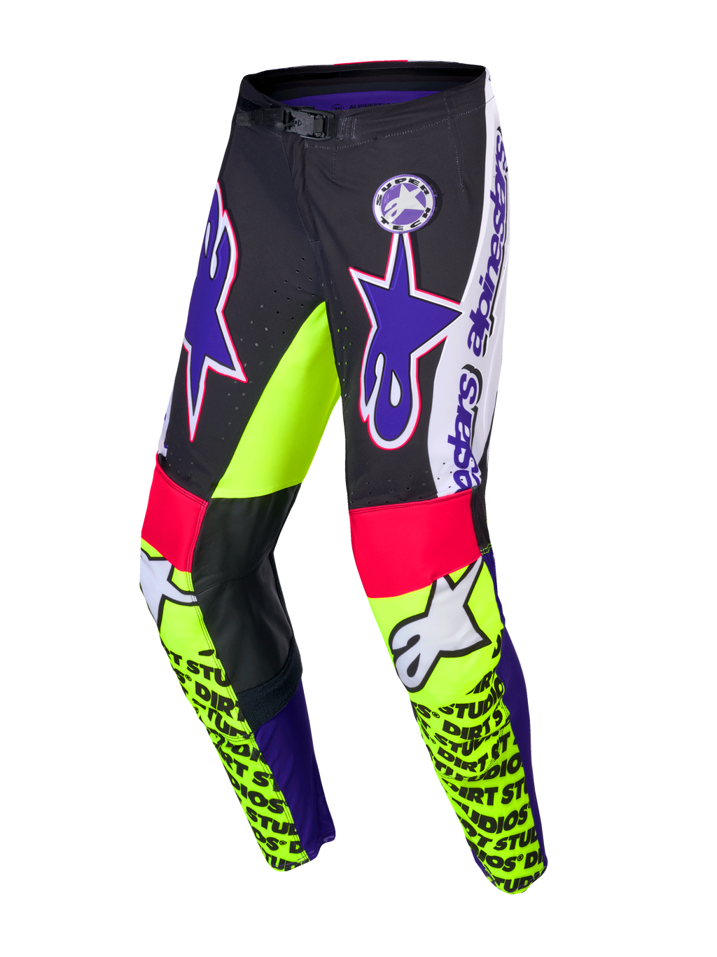 Pantalon Supertech Dirt Studios® Édition Limitée, pantalon de motocross pour homme, blanc, violet et jaune fluo, tissu rip-stop extensible monocouche avec empiècements en cuir aux genoux