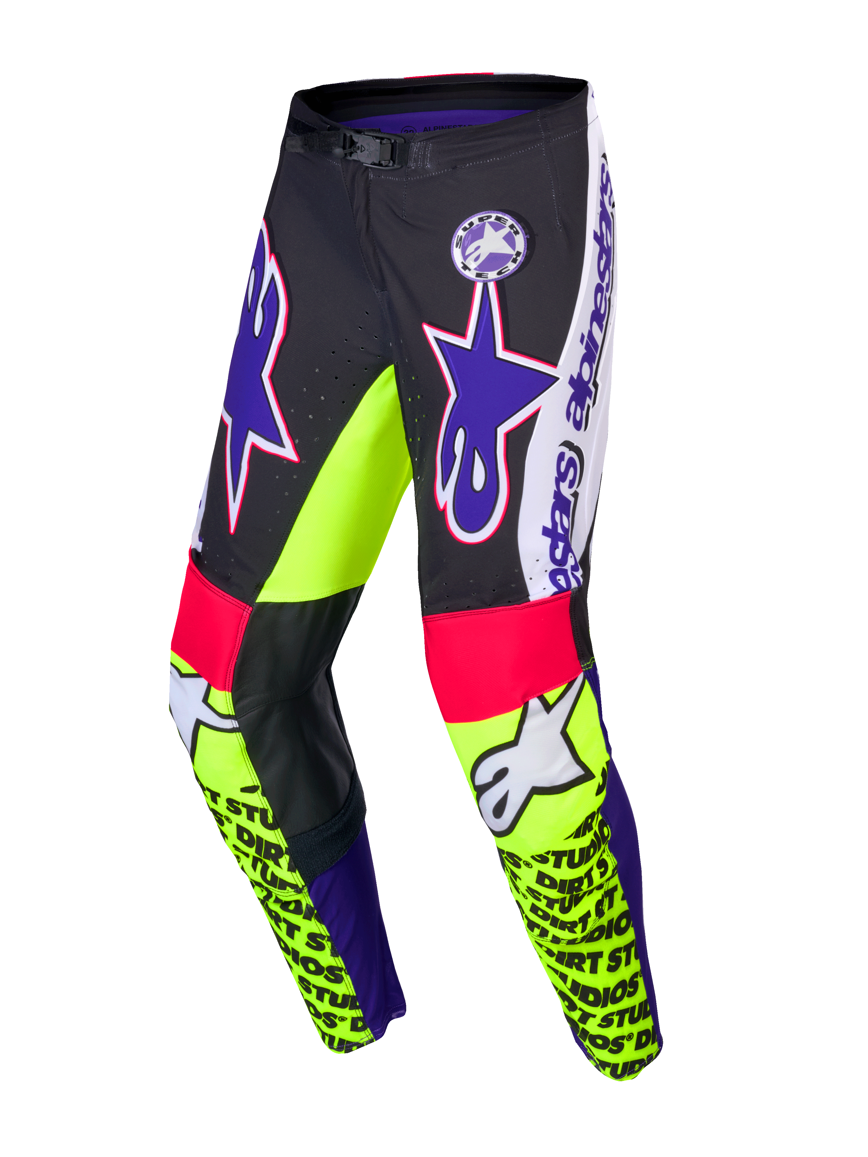 Pantalon Supertech Dirt Studios® Édition Limitée, pantalon de motocross pour homme, blanc, violet et jaune fluo, tissu rip-stop extensible monocouche avec empiècements en cuir aux genoux