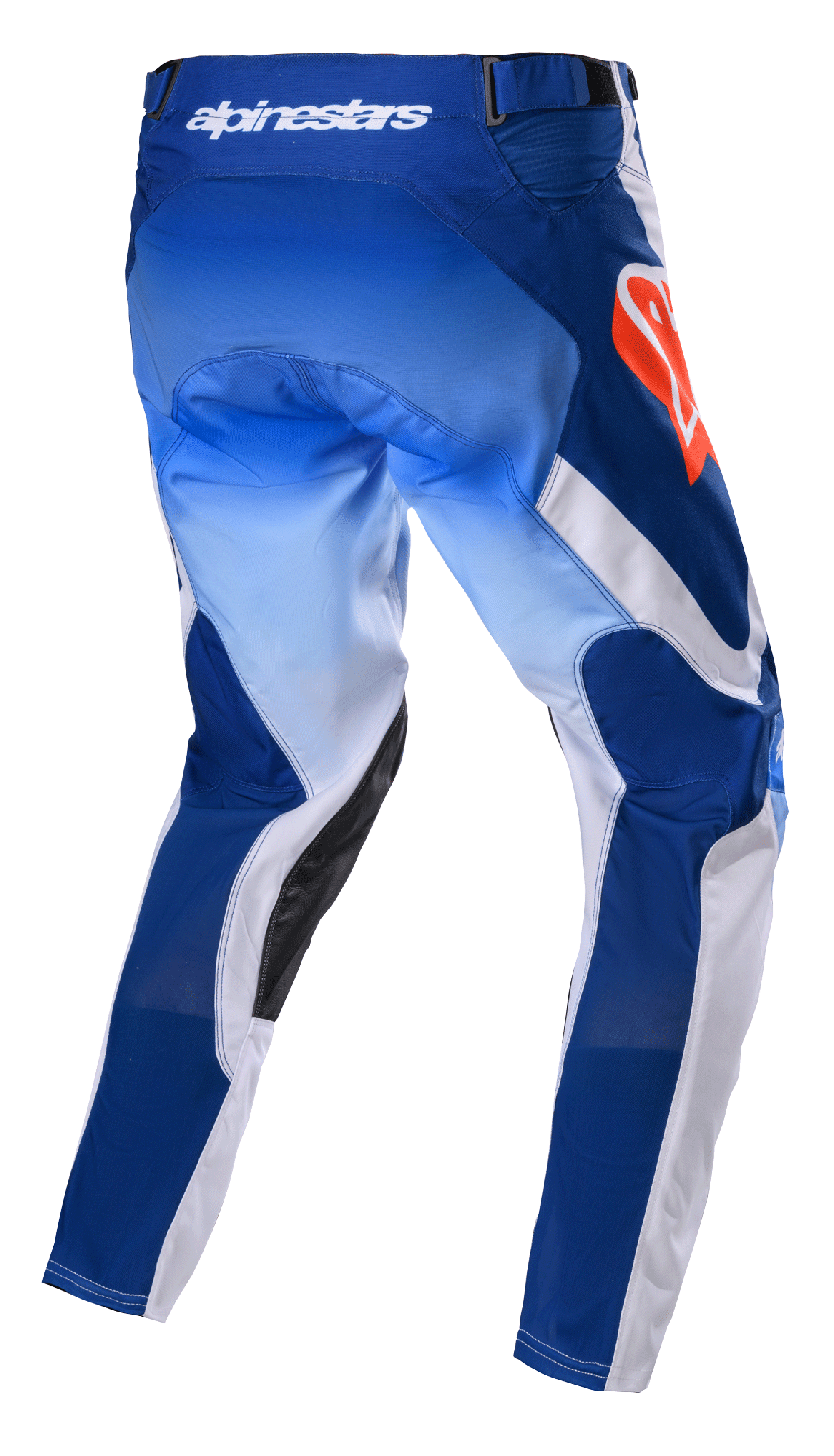 Alpinestars 2023 Racer Semi Pants, pantalon de motocross, bleu et orange vif, vue arrière montrant des panneaux bleus en dégradé et blancs, logo Alpinestars orange vif sur la hanche, renforts en cuir noir à l'intérieur des jambes, conception technique pour la course tout-terrain