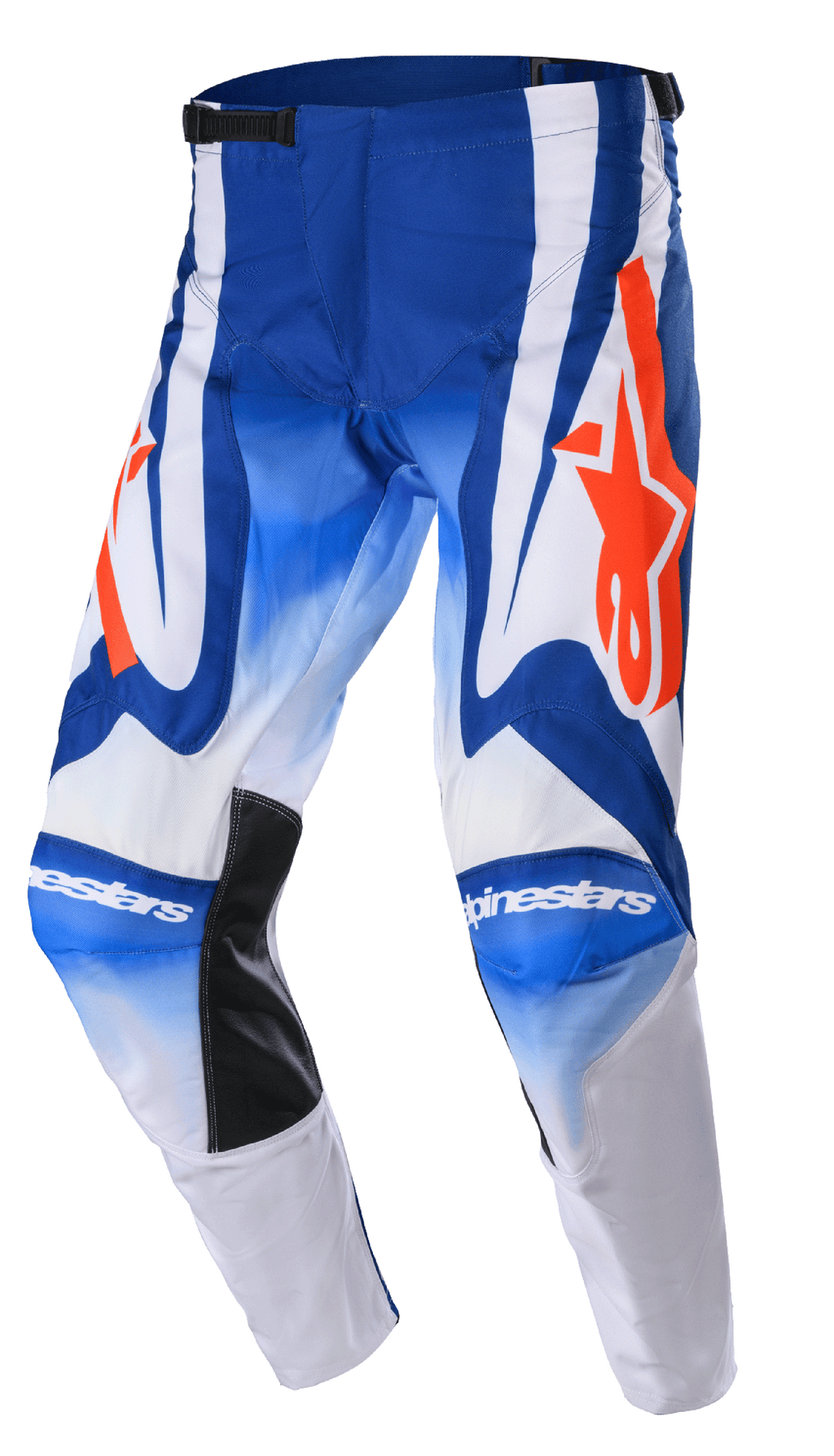 Alpinestars Racer Semi Pants 2023, pantalon de motocross, bleu, blanc et orange vif, doté de grands logos d'étoiles orange, de panneaux intérieurs aux genoux noirs résistants à la chaleur et d'une conception ergonomique pré-courbée pour la performance en course tout-terrain.