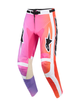 Alpinestars 2026 Racer Air Portl Pants, pantalon de motocross, multicolore rose, orange et violet, avec panneaux latéraux blancs, logos Alpinestars noirs, zones perforées pour la ventilation et renforts intérieurs aux genoux en cuir beige